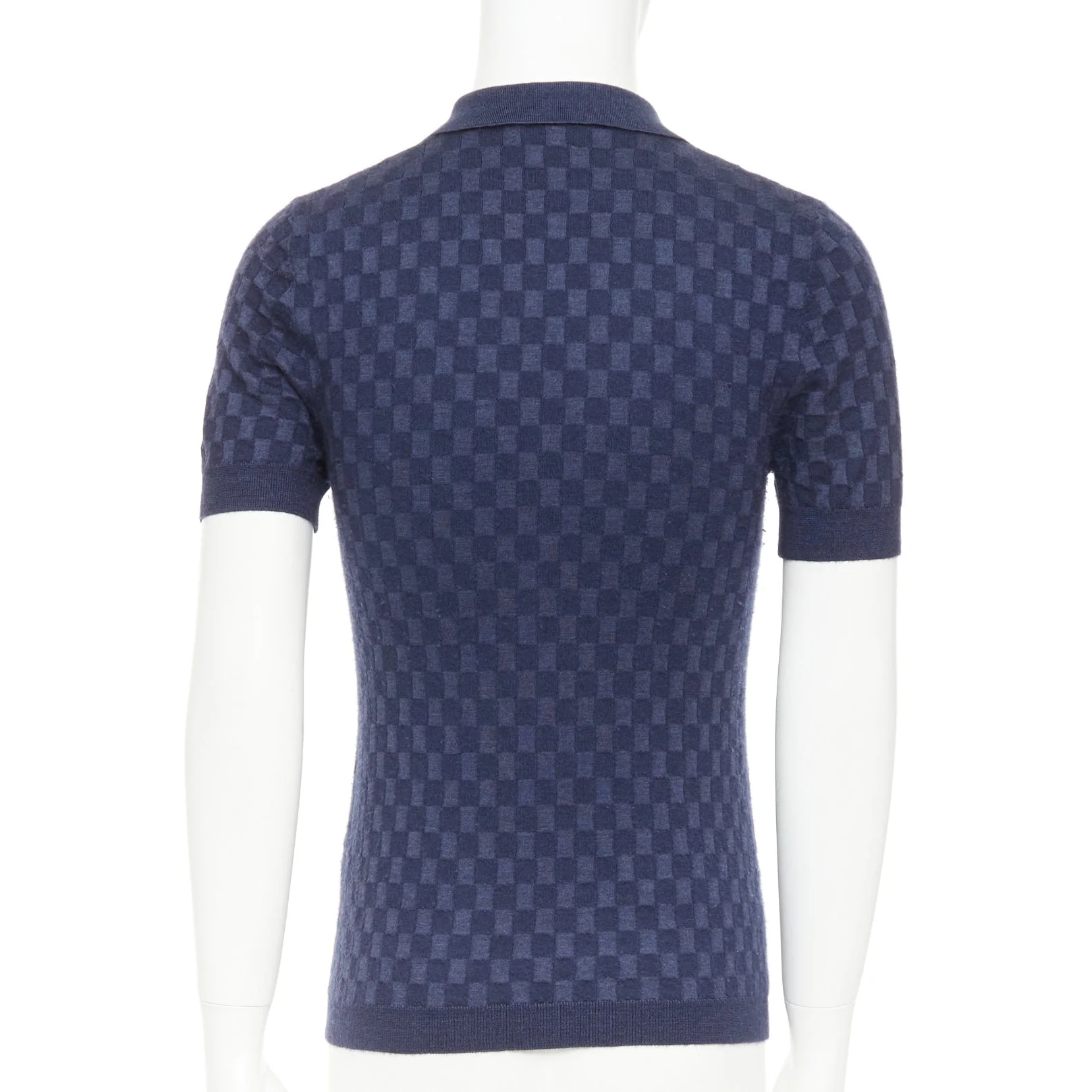 Men's LOUIS VUITTON navy cashmere silk Damier checked knit polo shirt S - Image 5