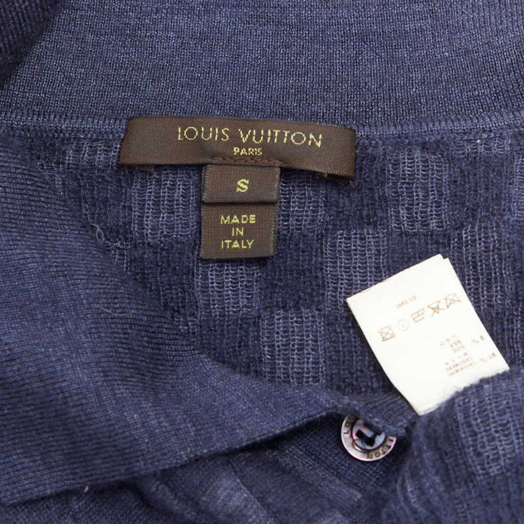Men's LOUIS VUITTON navy cashmere silk Damier checked knit polo shirt S - Image 9