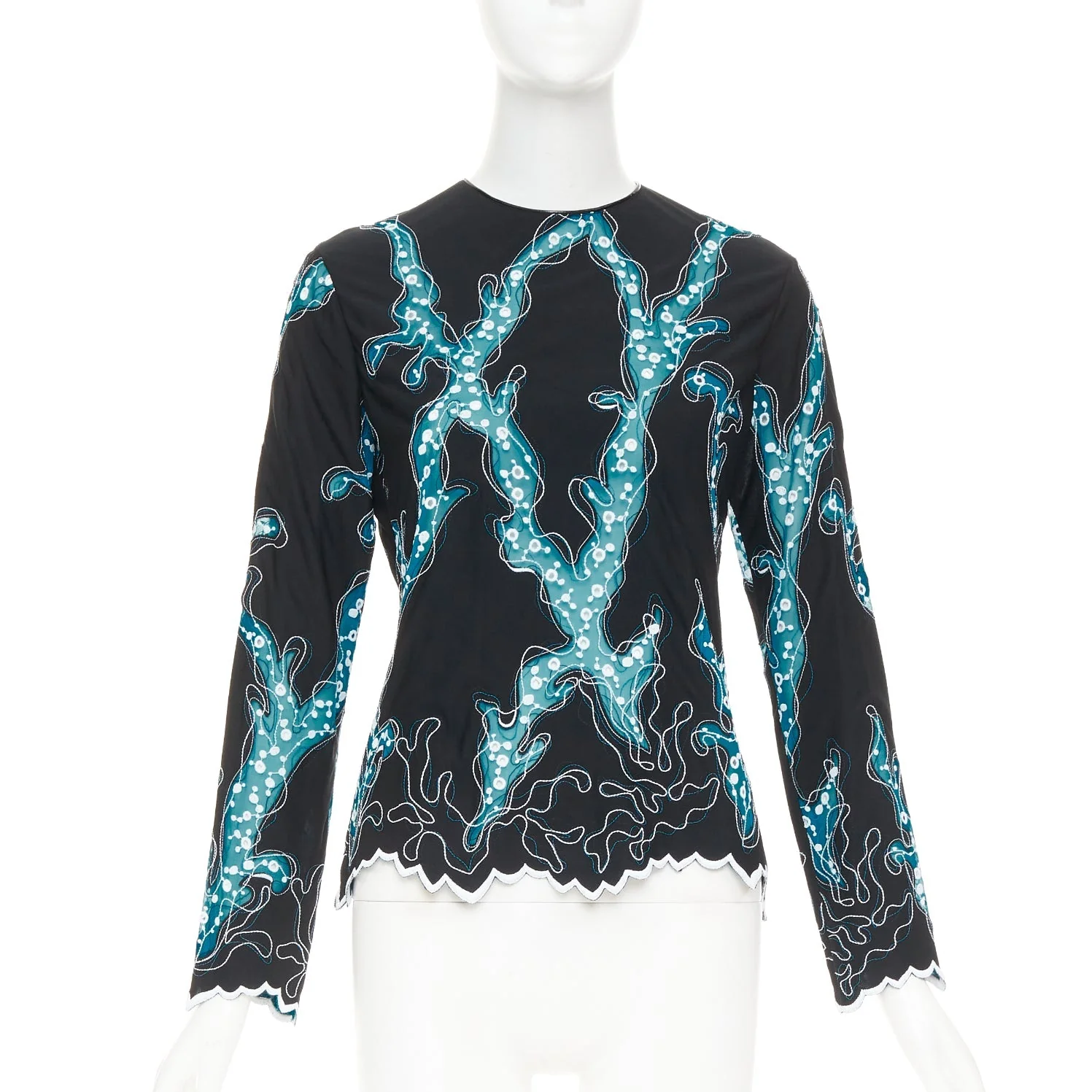Women's LOUIS VUITTON 2015 Runway black blue embroidered anglais scallop hem top FR38 M