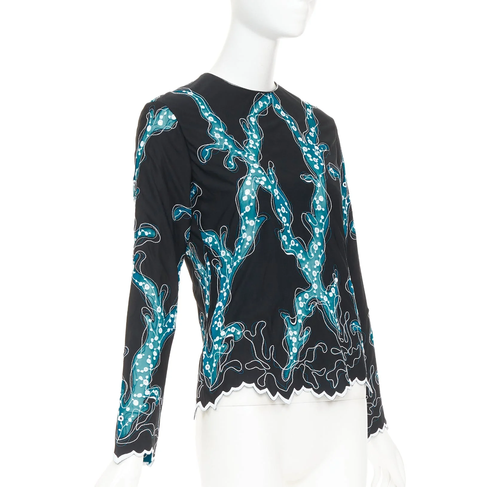 Women's LOUIS VUITTON 2015 Runway black blue embroidered anglais scallop hem top FR38 M - Image 3