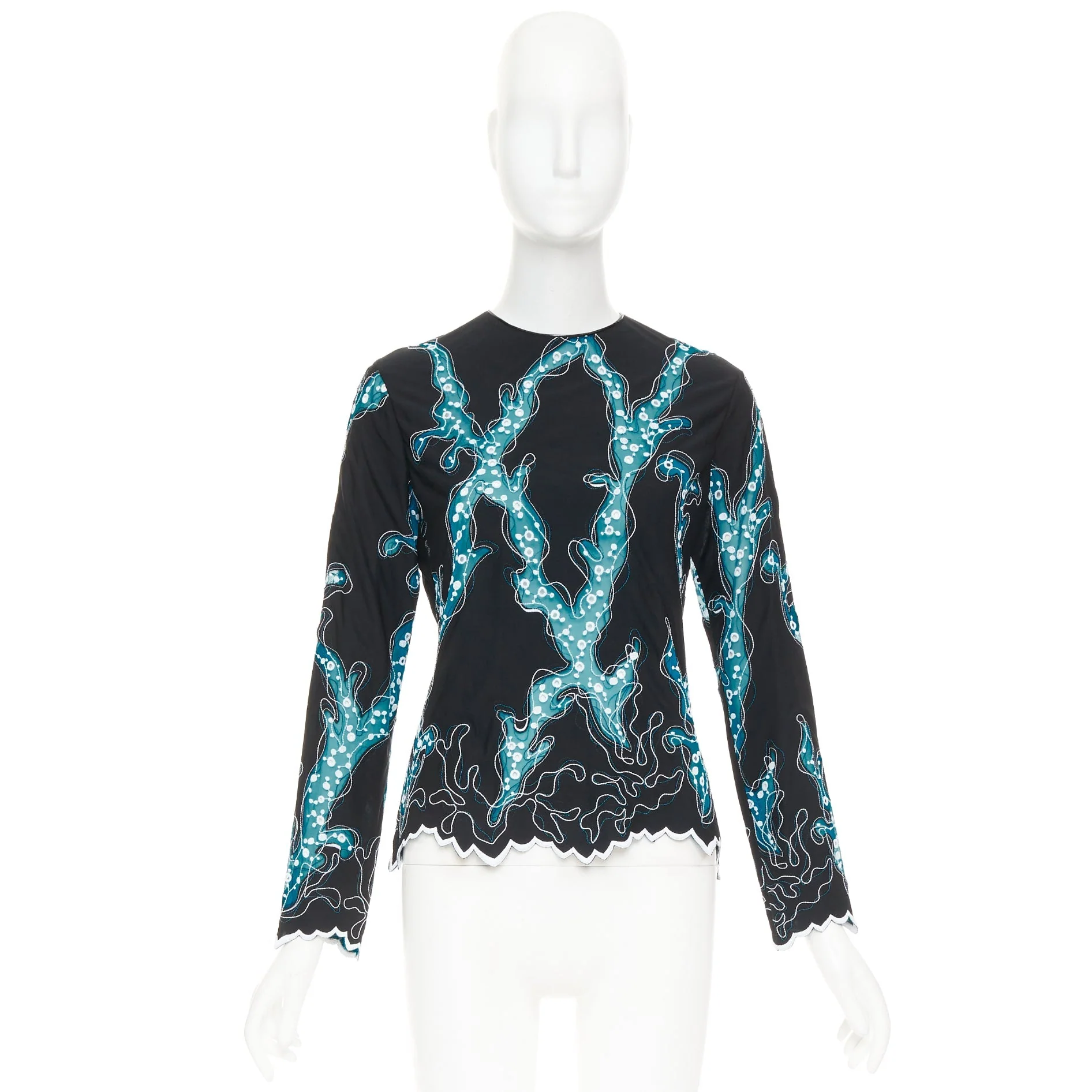 Women's LOUIS VUITTON 2015 Runway black blue embroidered anglais scallop hem top FR38 M - Image 9