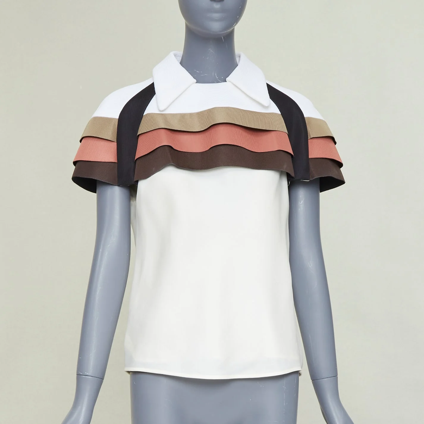 Women's LOUIS VUITTON 2017 Runway scuba cape tricolor nylon ruffle collared top FR38 M