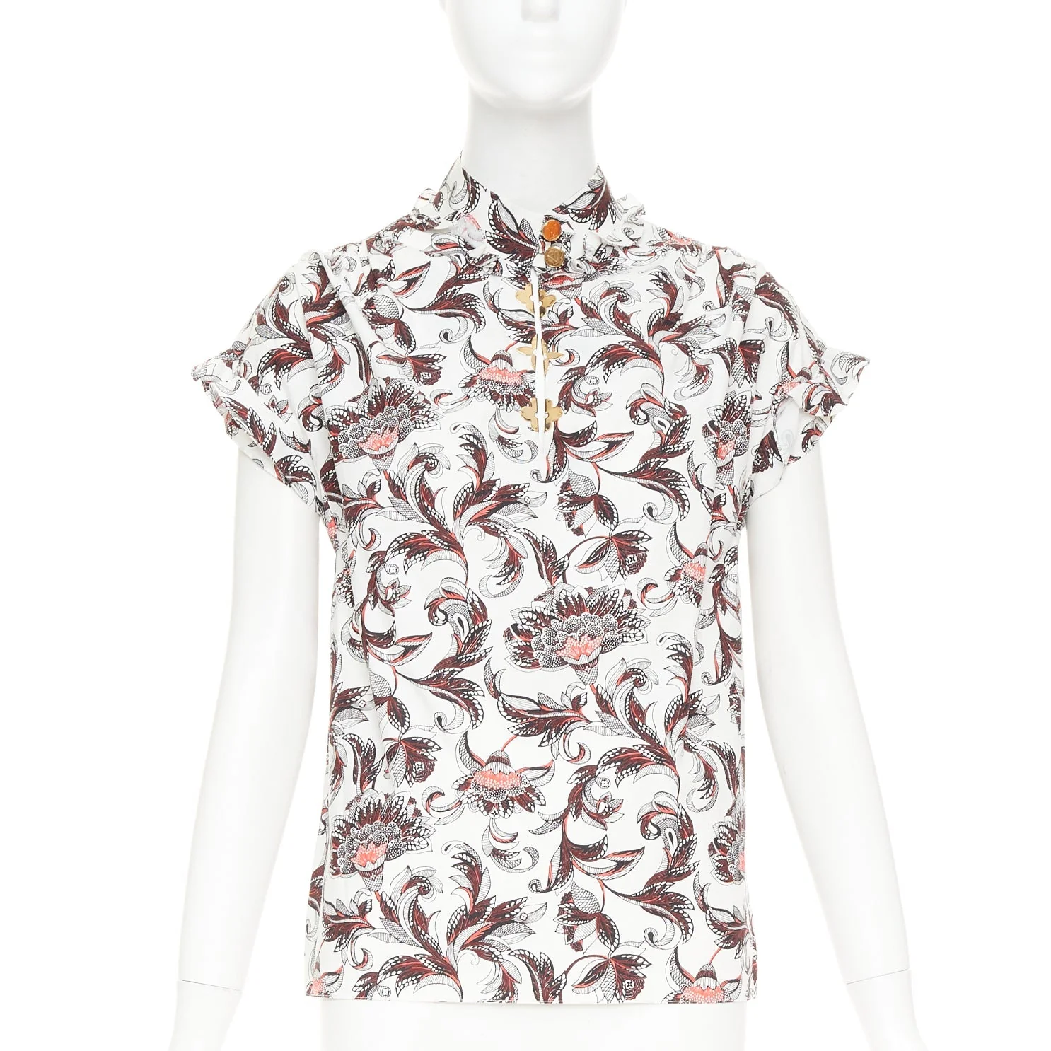 Women's LOUIS VUITTON white red burgundy paisley floral LV button ruffled shirt FR34 XS