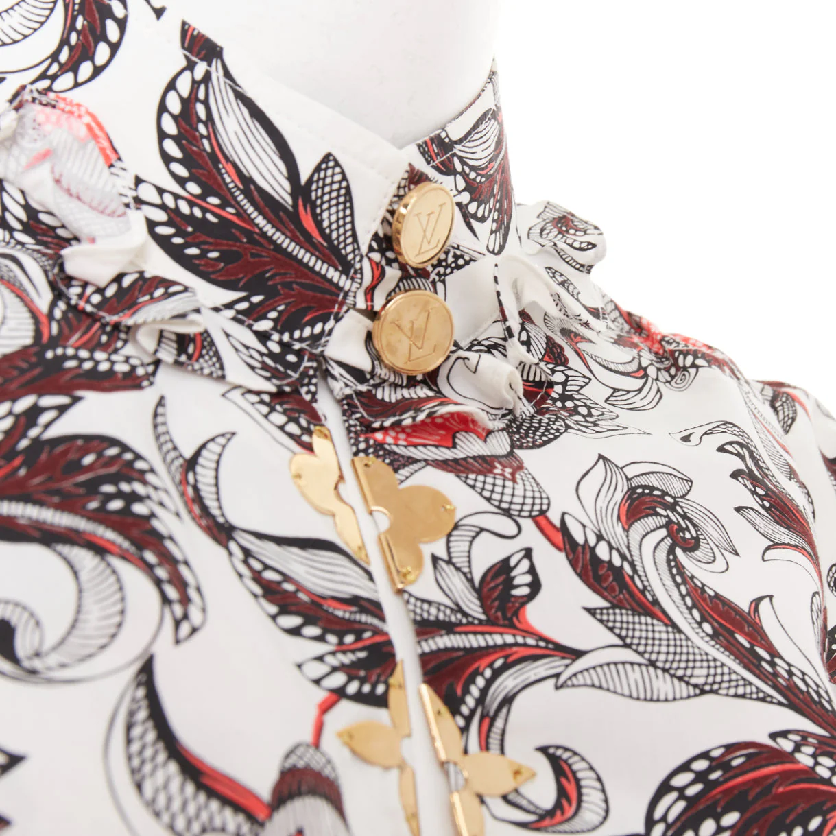 Women's LOUIS VUITTON white red burgundy paisley floral LV button ruffled shirt FR34 XS - Image 2