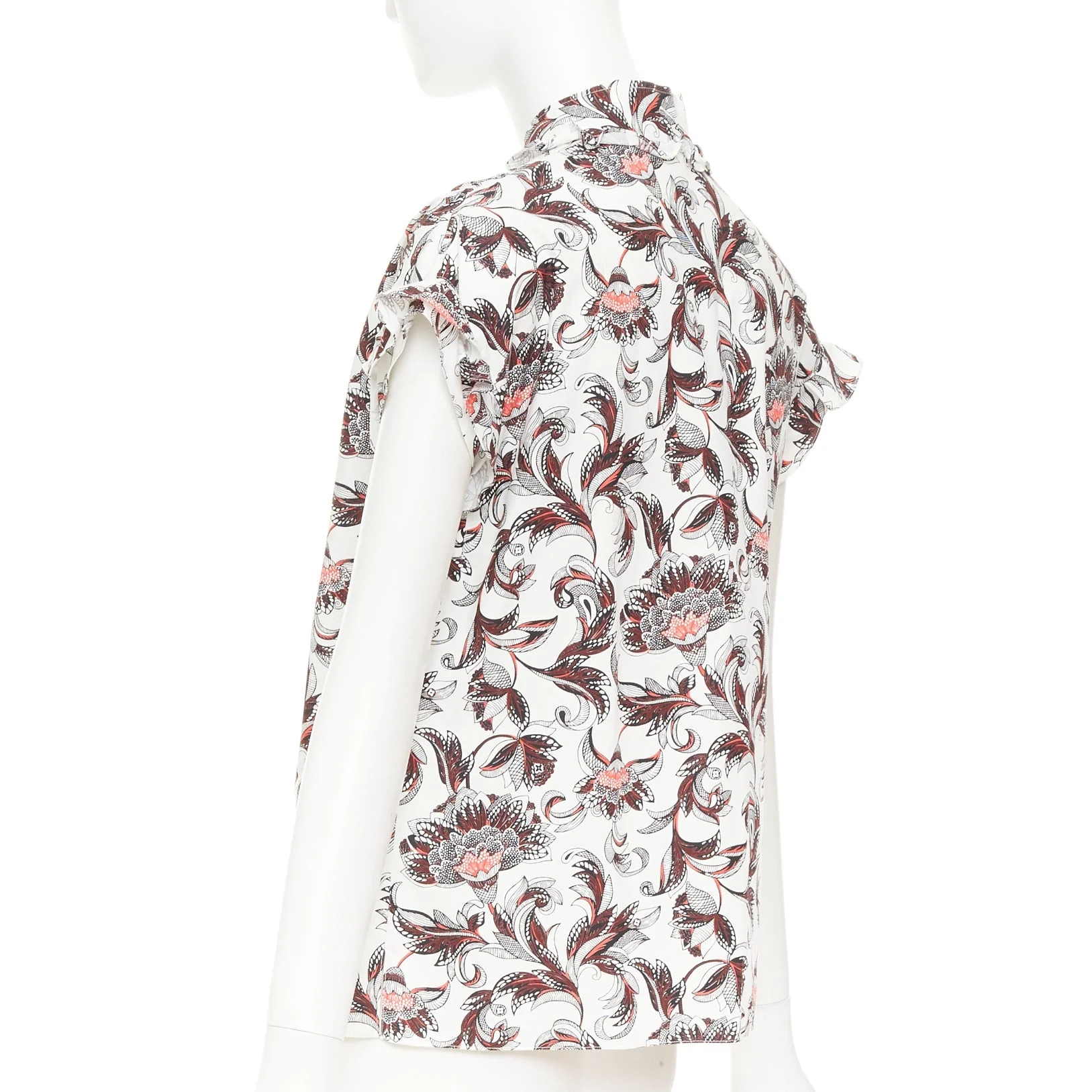 Women's LOUIS VUITTON white red burgundy paisley floral LV button ruffled shirt FR34 XS - Image 6