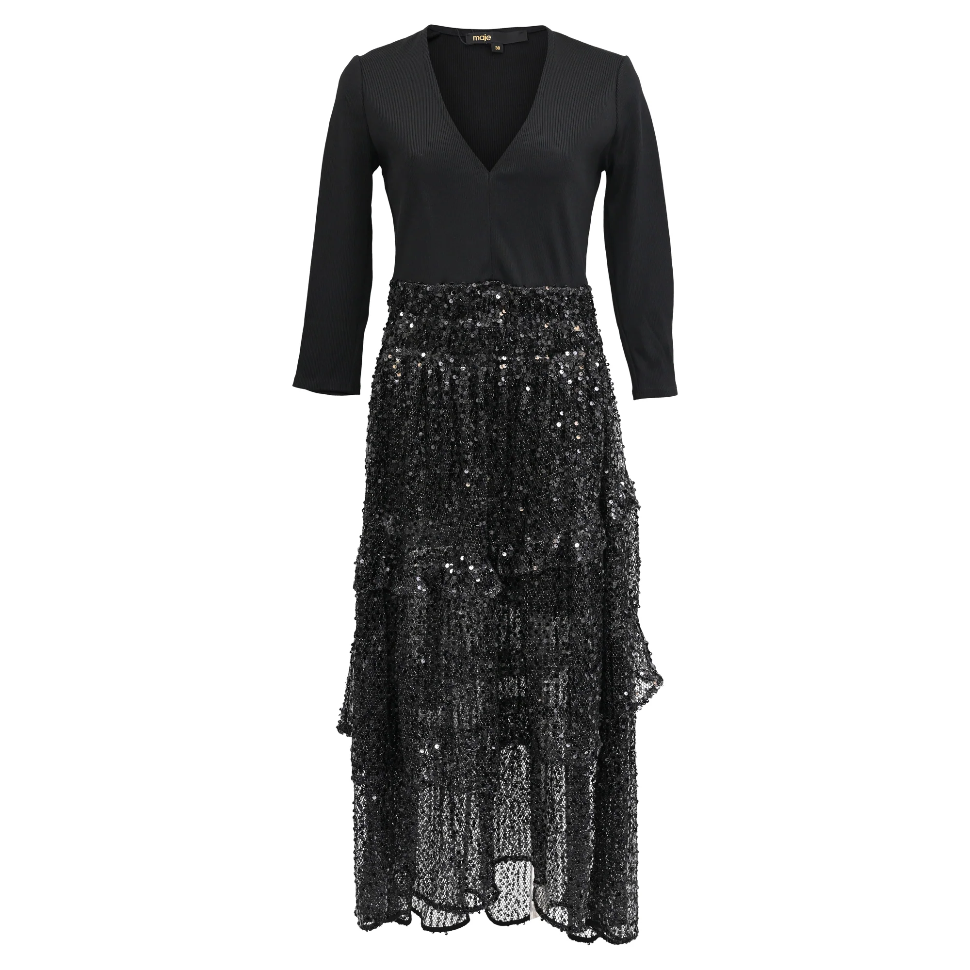 Women's Maje V-Neck Sequined Midi Tiered Dress in Black Polyamide