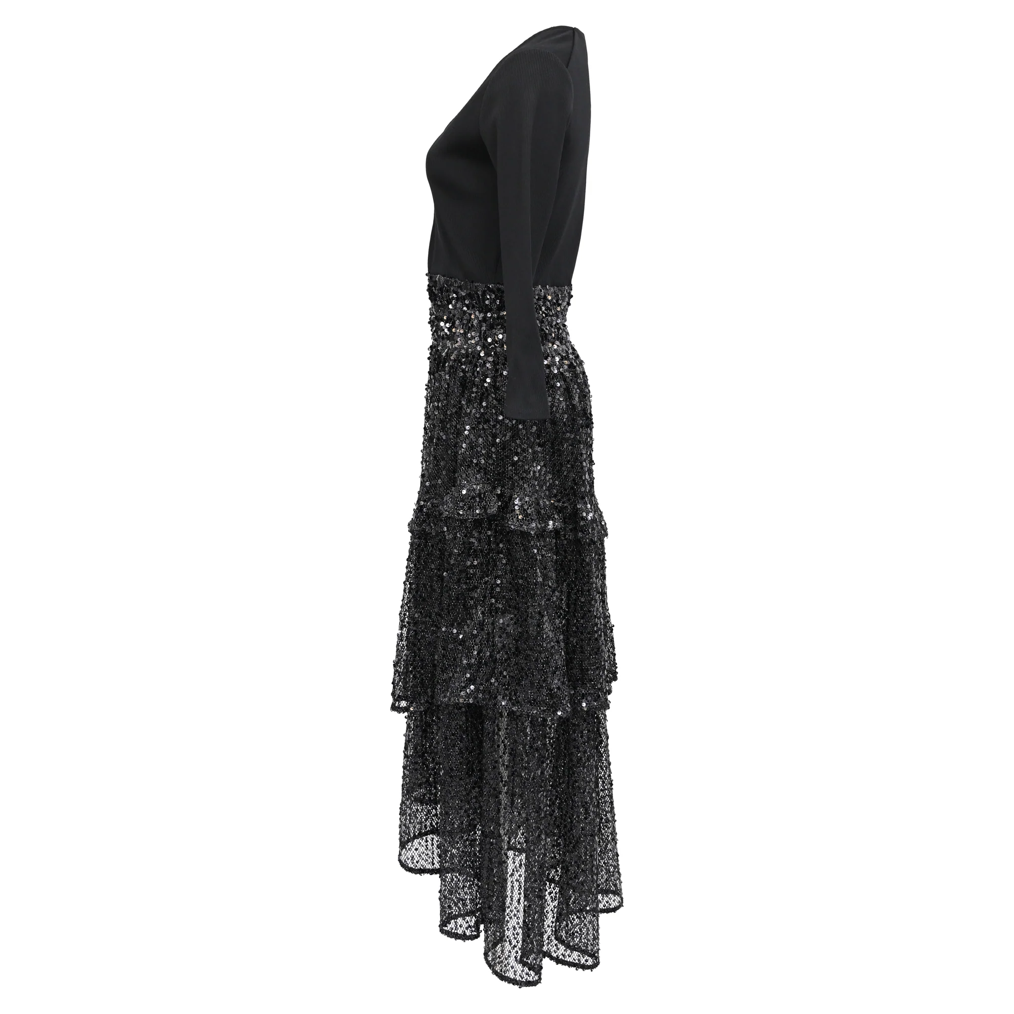 Women's Maje V-Neck Sequined Midi Tiered Dress in Black Polyamide - Image 2