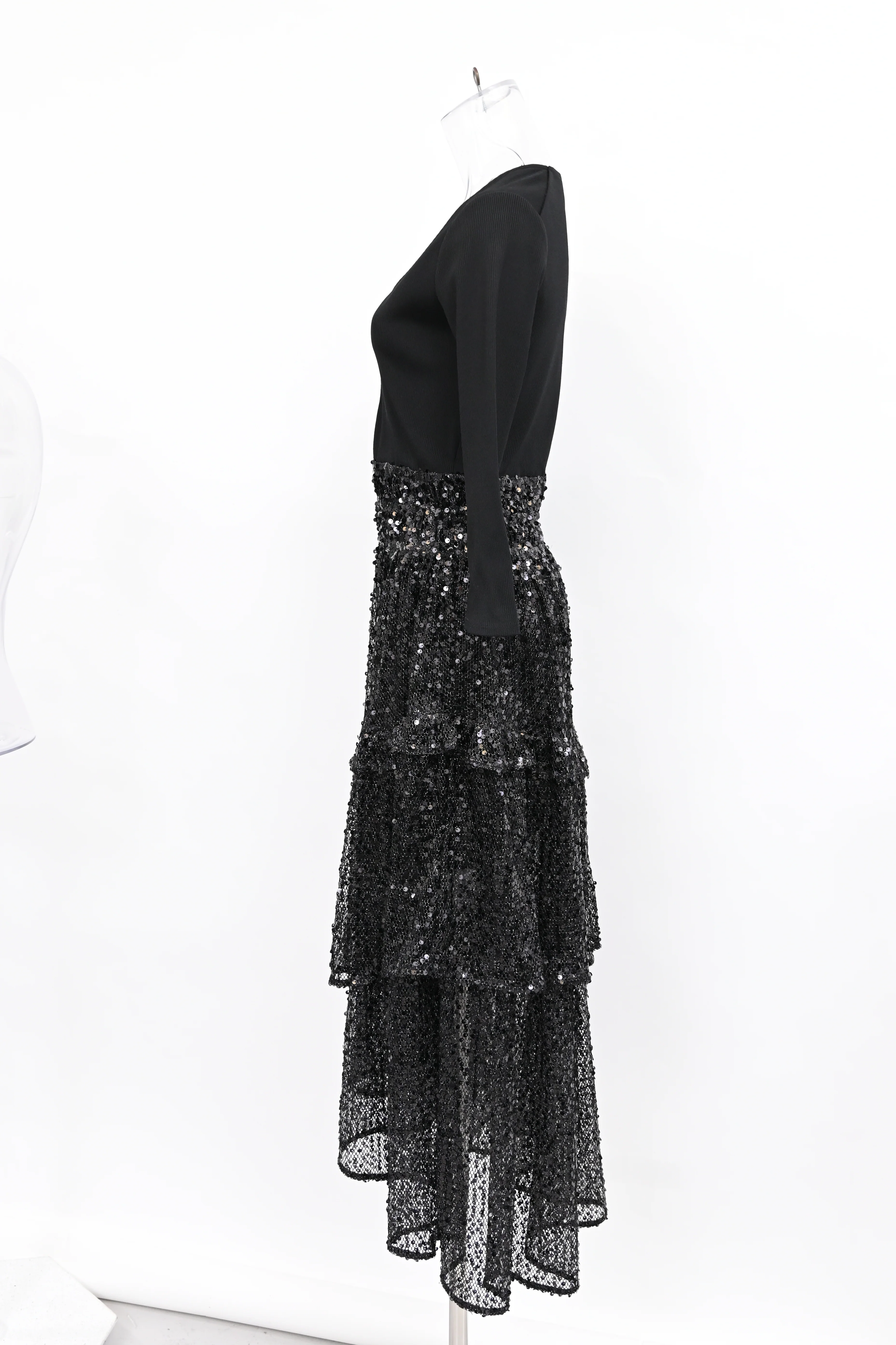 Women's Maje V-Neck Sequined Midi Tiered Dress in Black Polyamide - Image 7