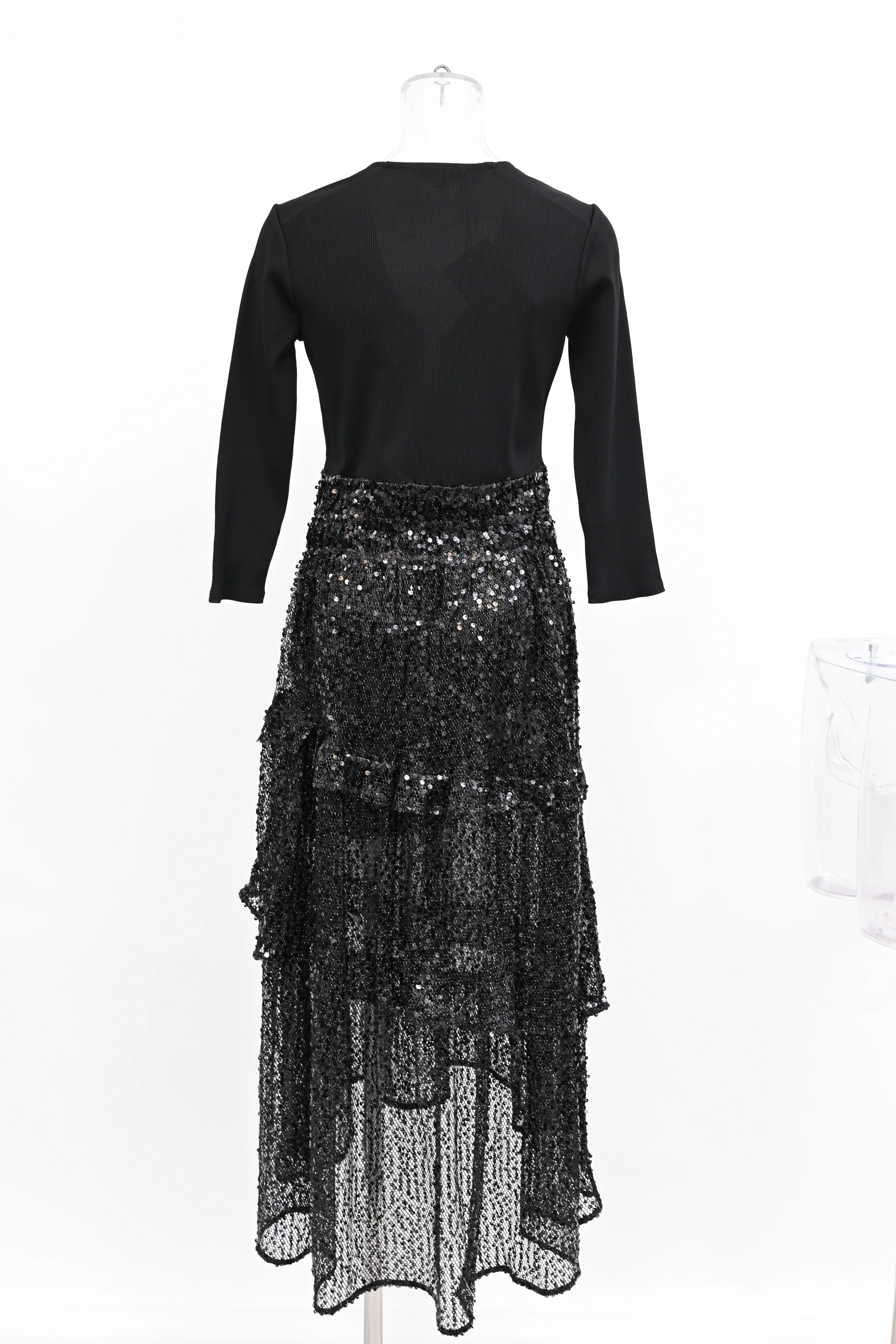 Women's Maje V-Neck Sequined Midi Tiered Dress in Black Polyamide - Image 8