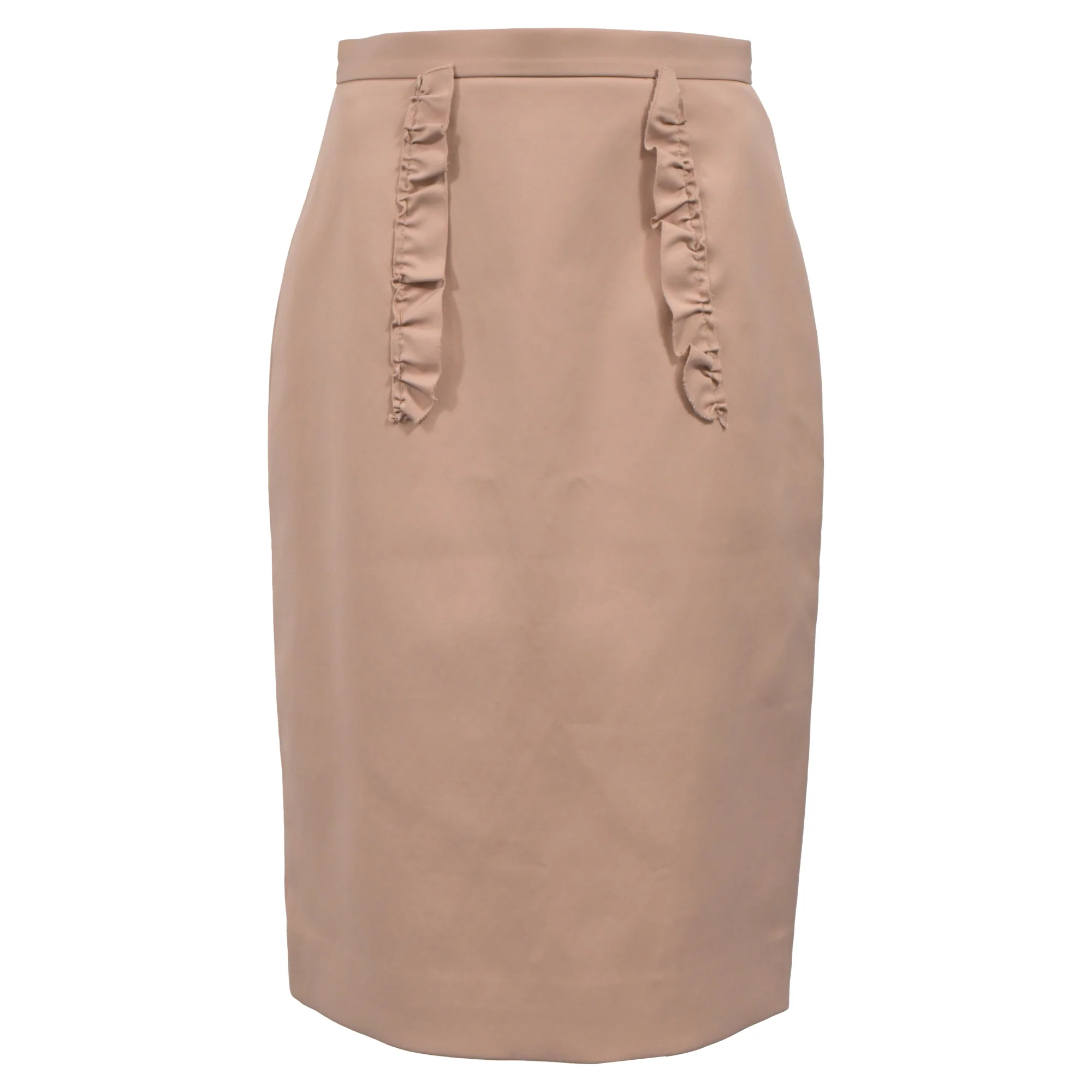 Women's Miu Miu Ruffle Detail Knee-Length Pencil Skirt in Nude Pink Nylon