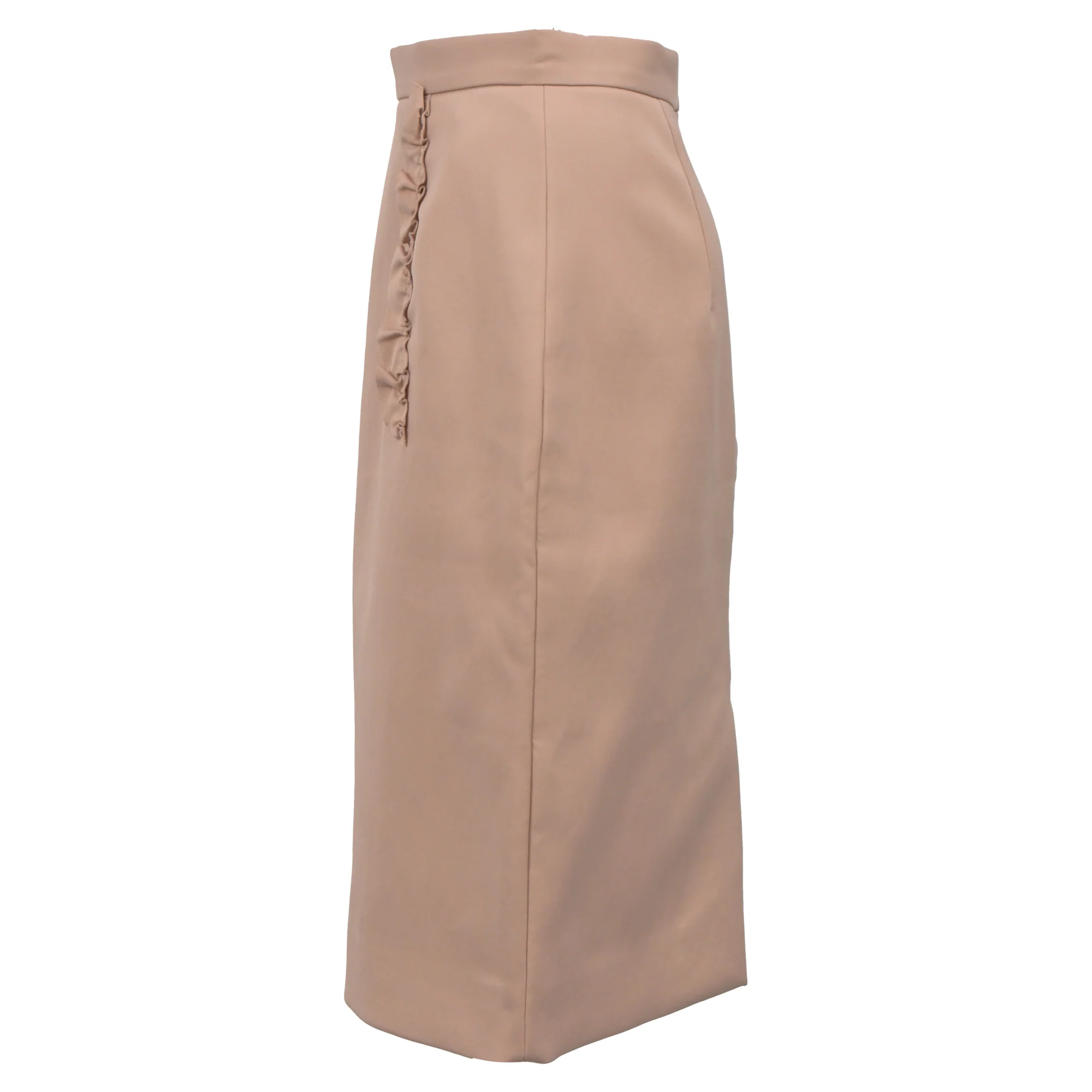 Women's Miu Miu Ruffle Detail Knee-Length Pencil Skirt in Nude Pink Nylon - Image 2