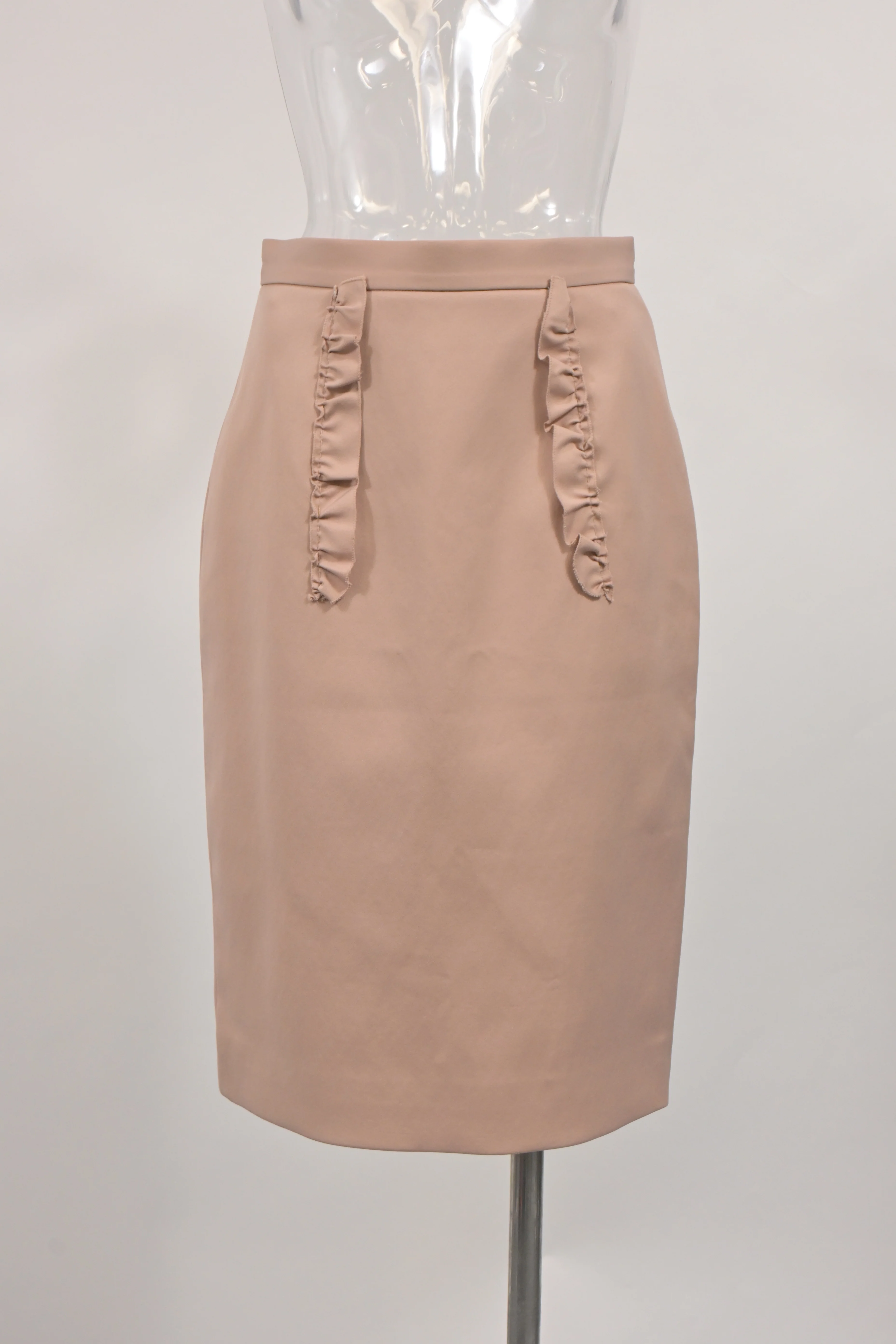 Women's Miu Miu Ruffle Detail Knee-Length Pencil Skirt in Nude Pink Nylon - Image 5