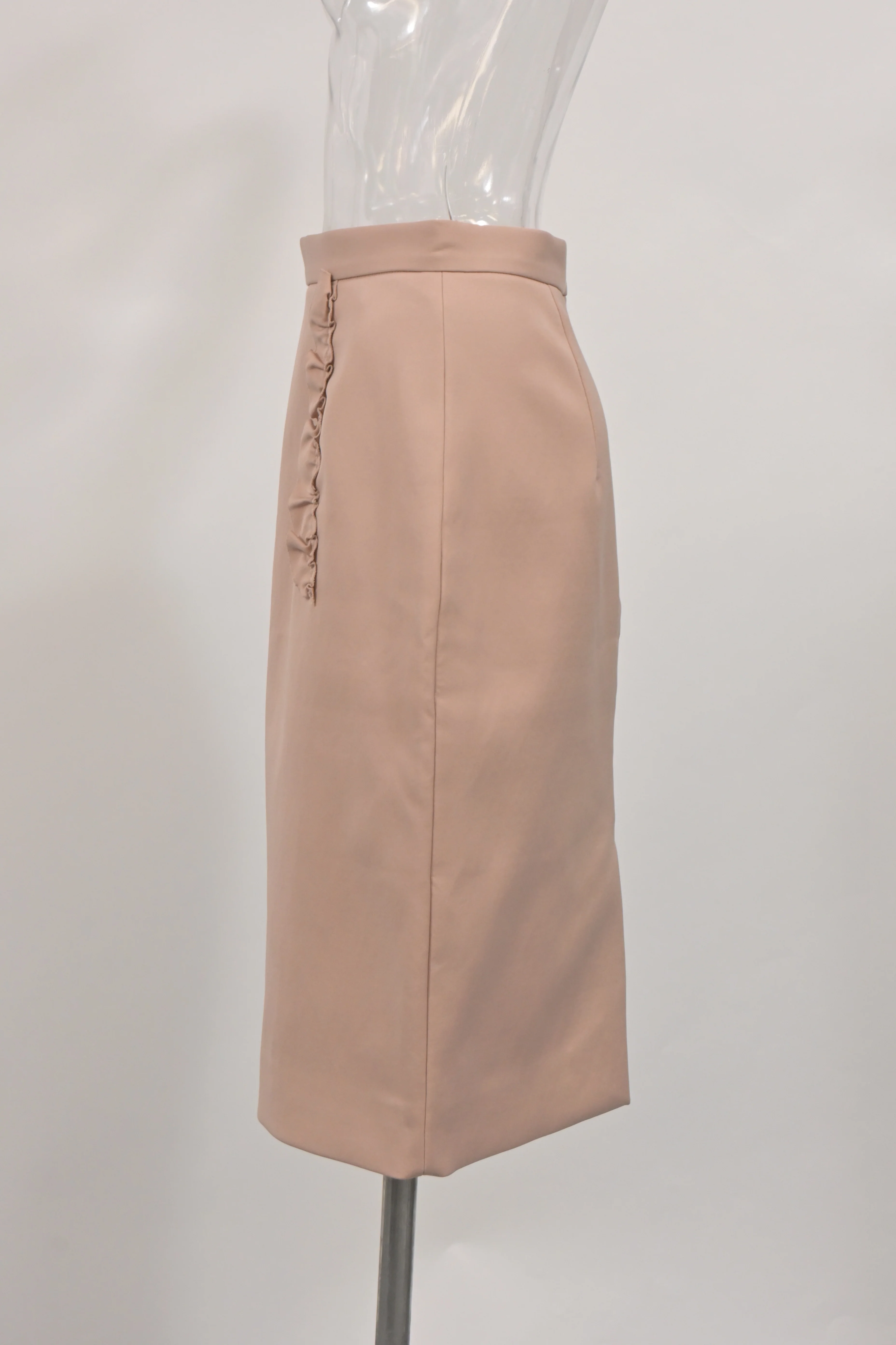Women's Miu Miu Ruffle Detail Knee-Length Pencil Skirt in Nude Pink Nylon - Image 6