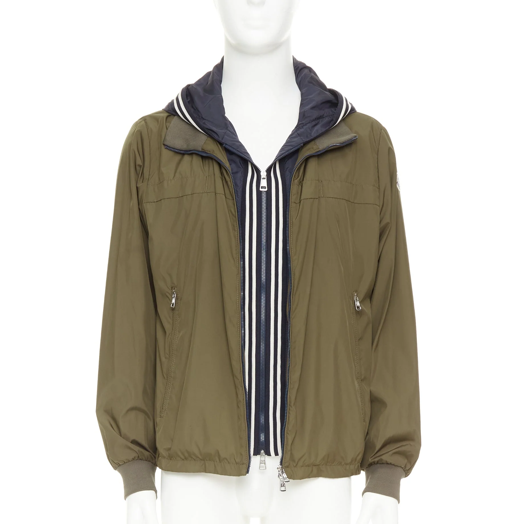 Women's MONCLER Albert Giubbotto khaki green blue nylon layered hooded windbreaker Sz3 L