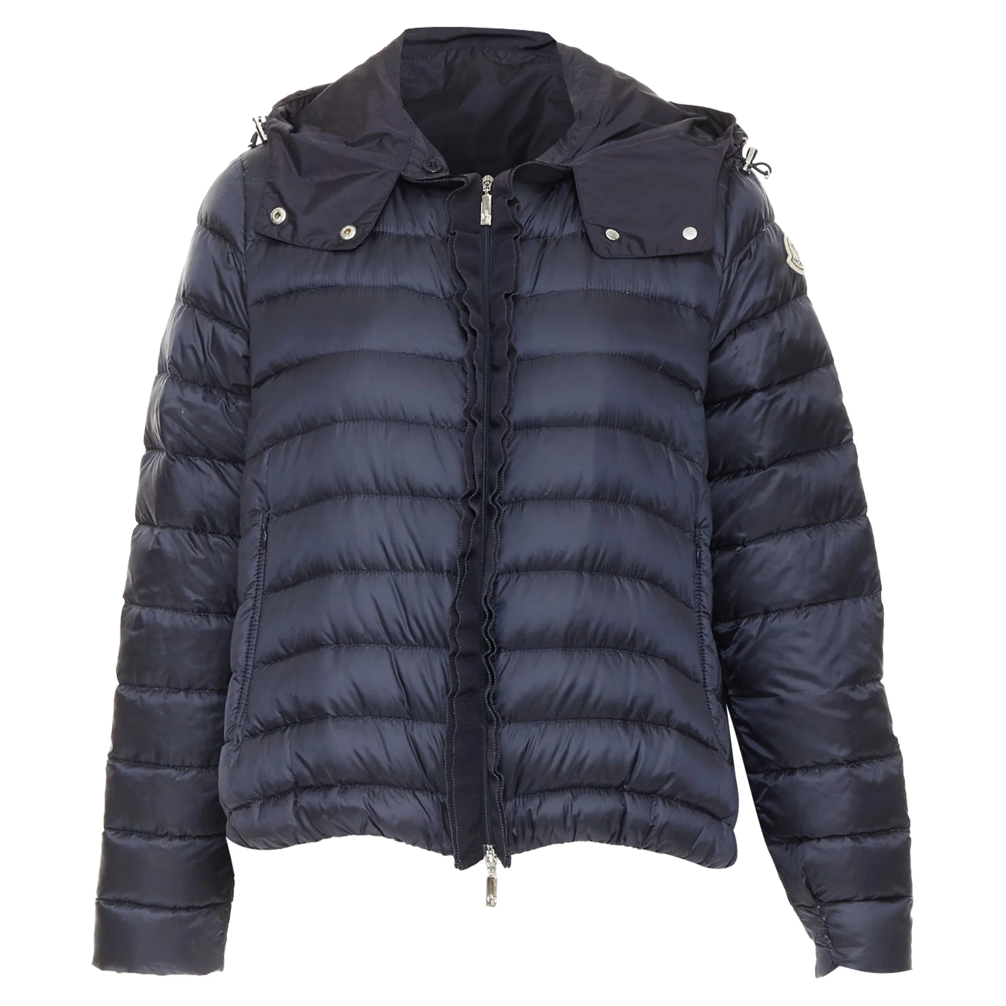 Women's MONCLER Dorothee Guibbotto navy nylon ruffle trim hooded jacket Sz2 M