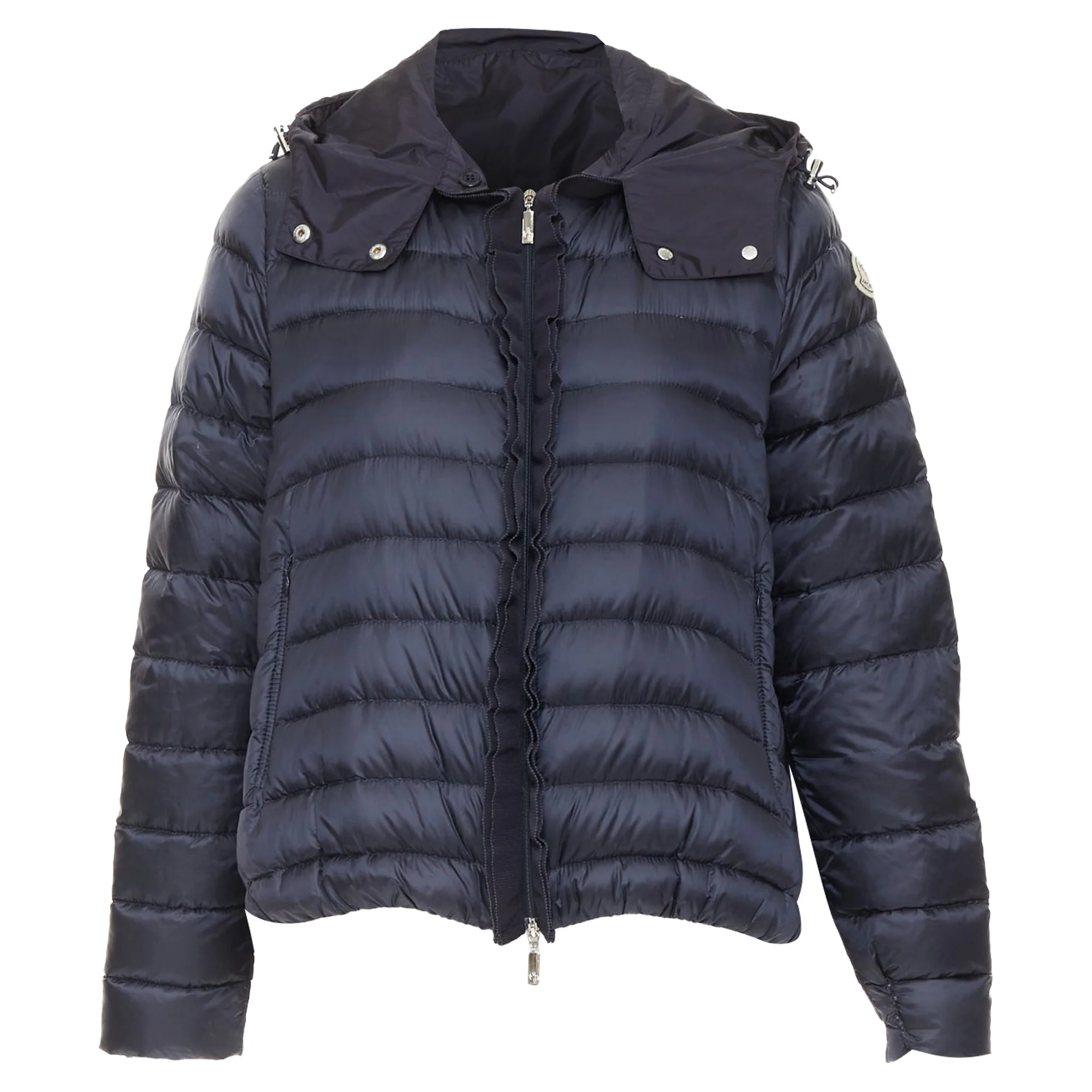 Women's MONCLER Dorothee Guibbotto navy nylon ruffle trim hooded jacket Sz2 M - Image 10