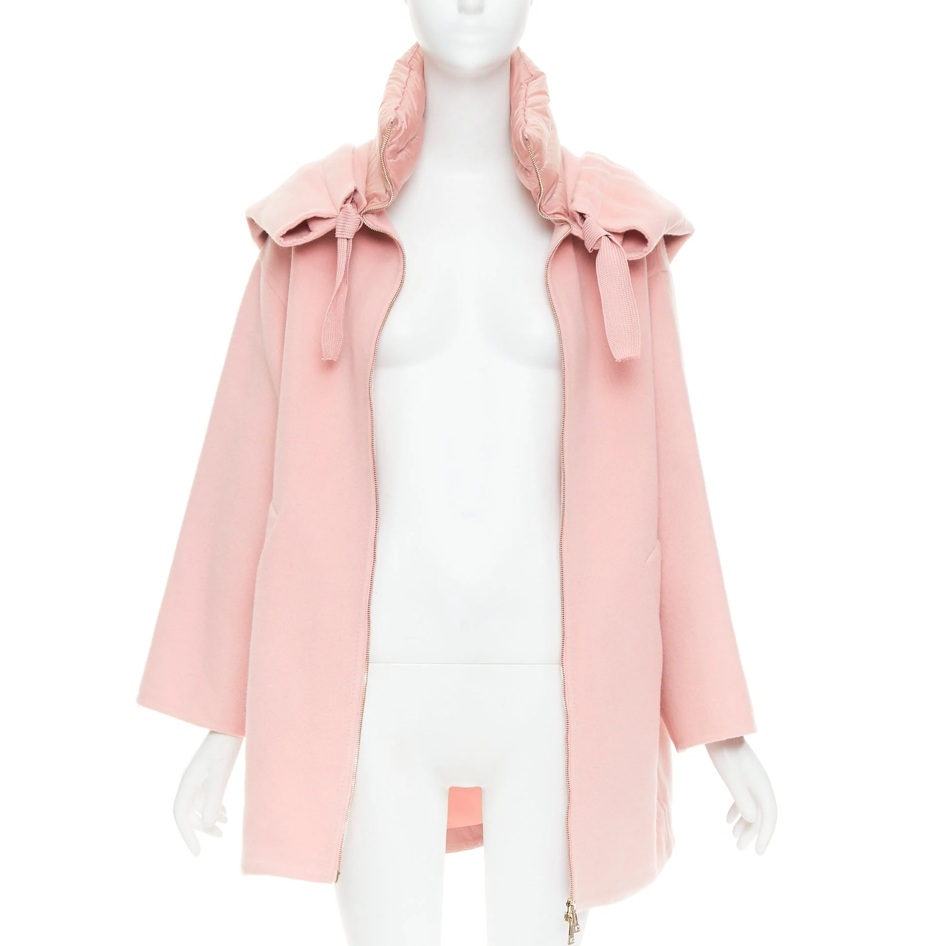 Women's MONCLER pink double face virgin wool cashmere goose down hooded jacket Sz0 XS - Image 3