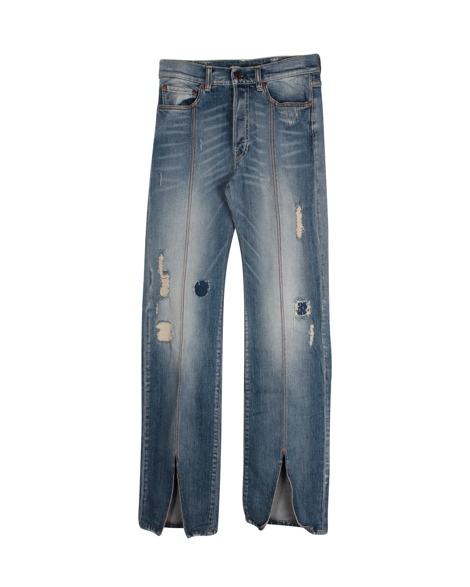 Women's Off-White Distressed Straight Leg Denim Jeans in Blue Cotton