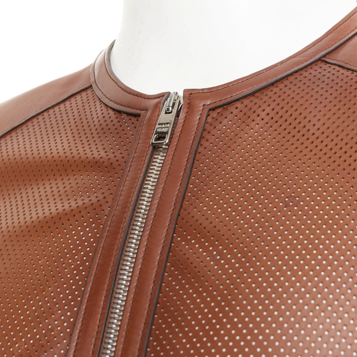 Men's PRADA 2013 brown perforated lambskin leather zip collarless bomber jacket IT46 S - Image 2