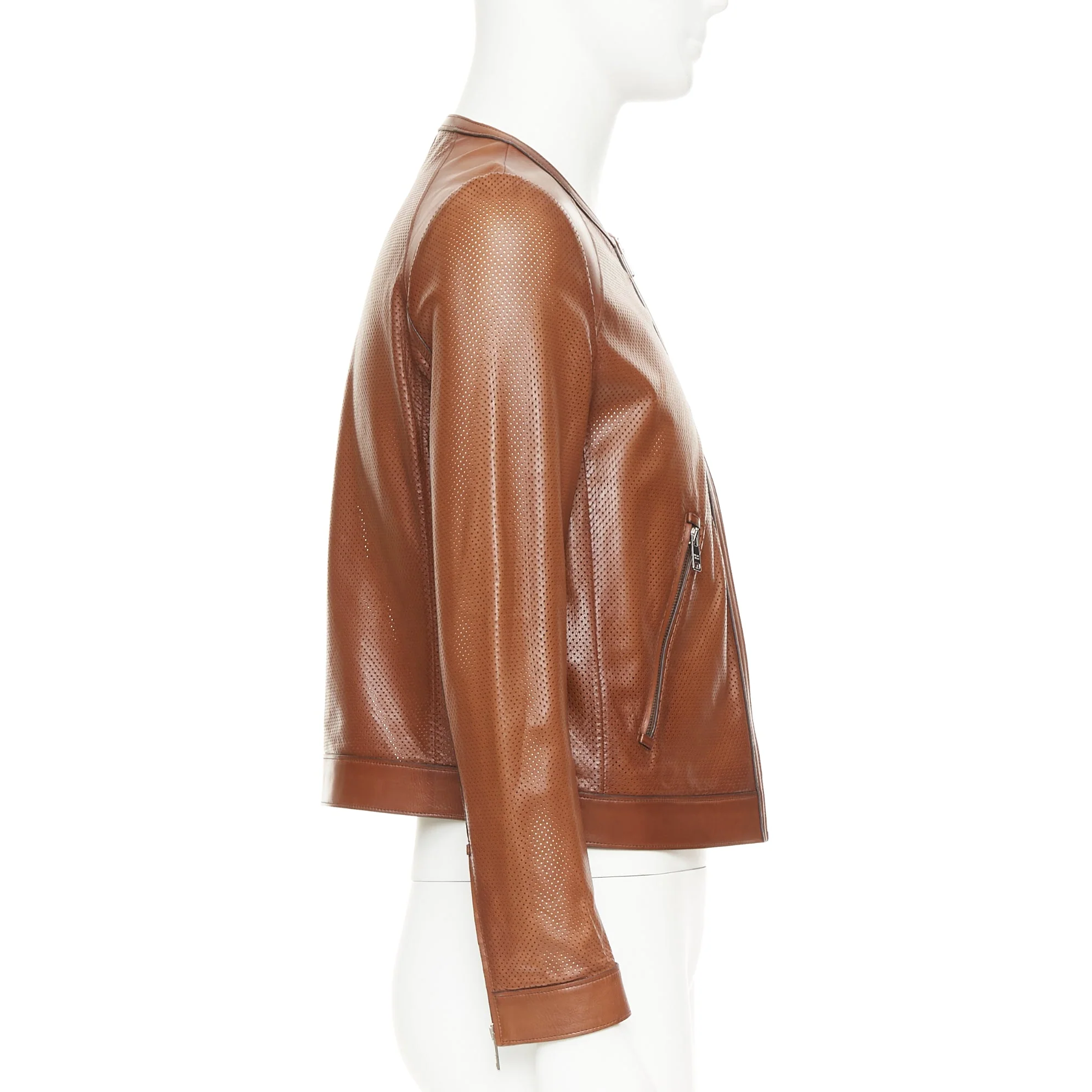 Men's PRADA 2013 brown perforated lambskin leather zip collarless bomber jacket IT46 S - Image 5