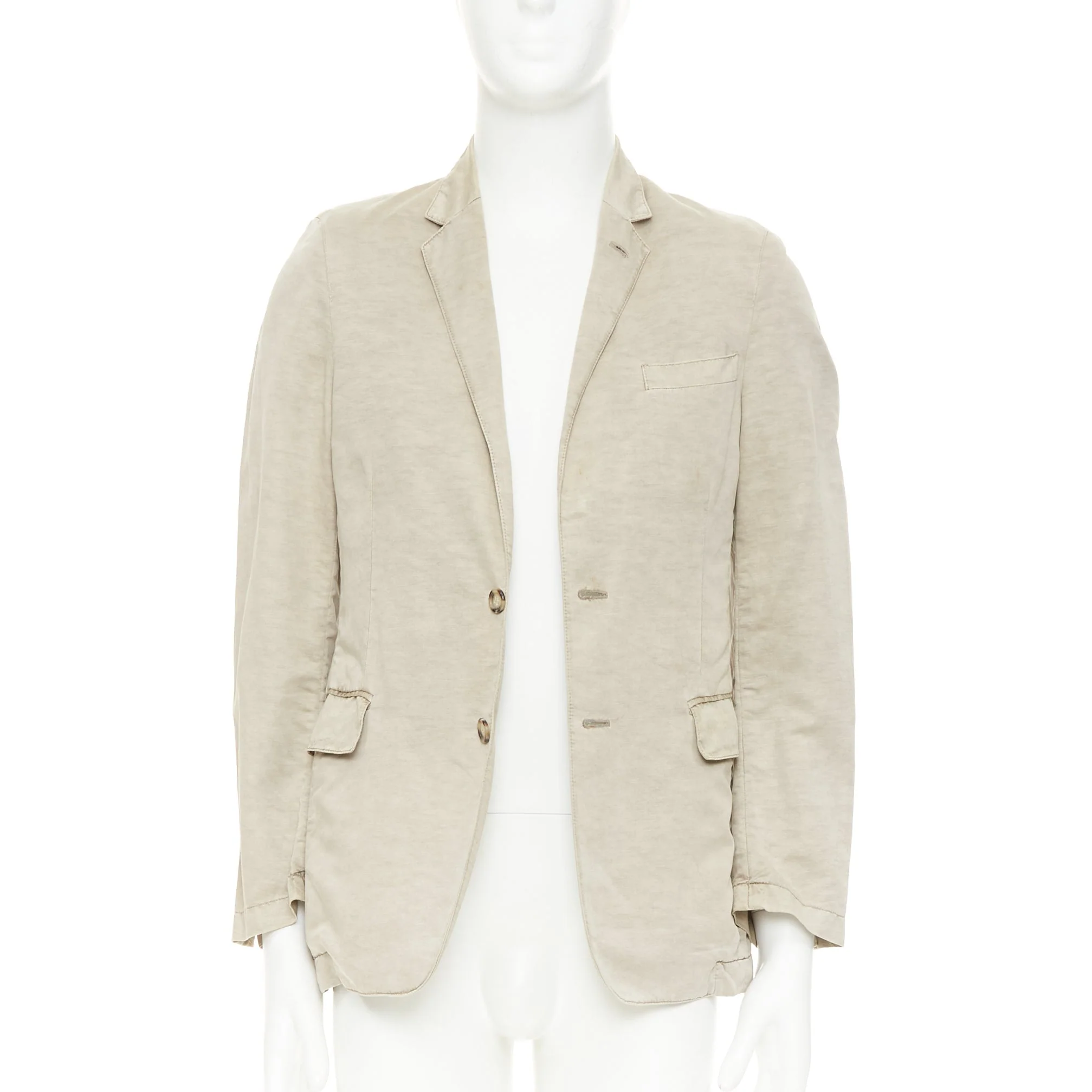 Men's PRADA beige coated linen cotton flap pockets two button relaxed blazer IT48 M