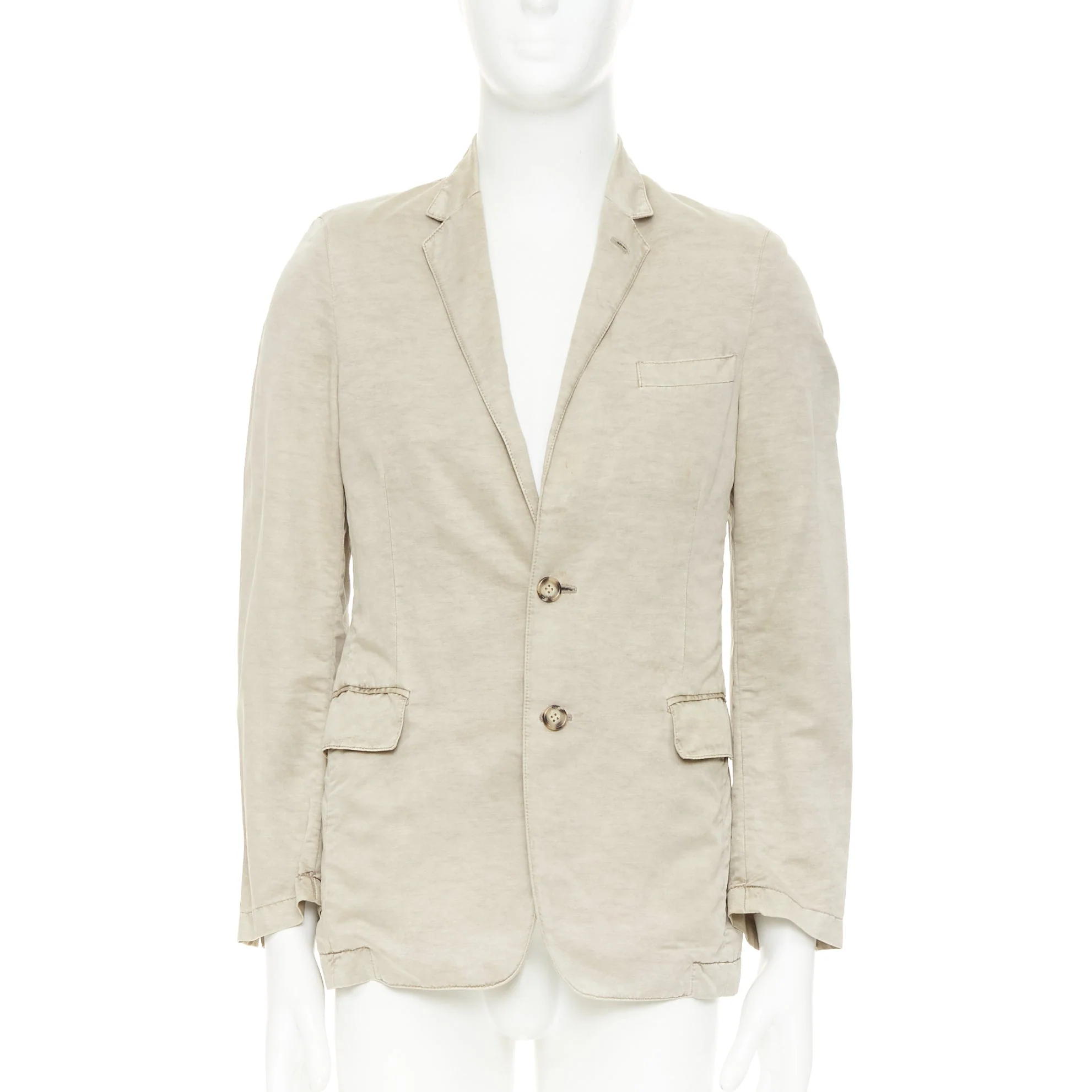 Men's PRADA beige coated linen cotton flap pockets two button relaxed blazer IT48 M - Image 3