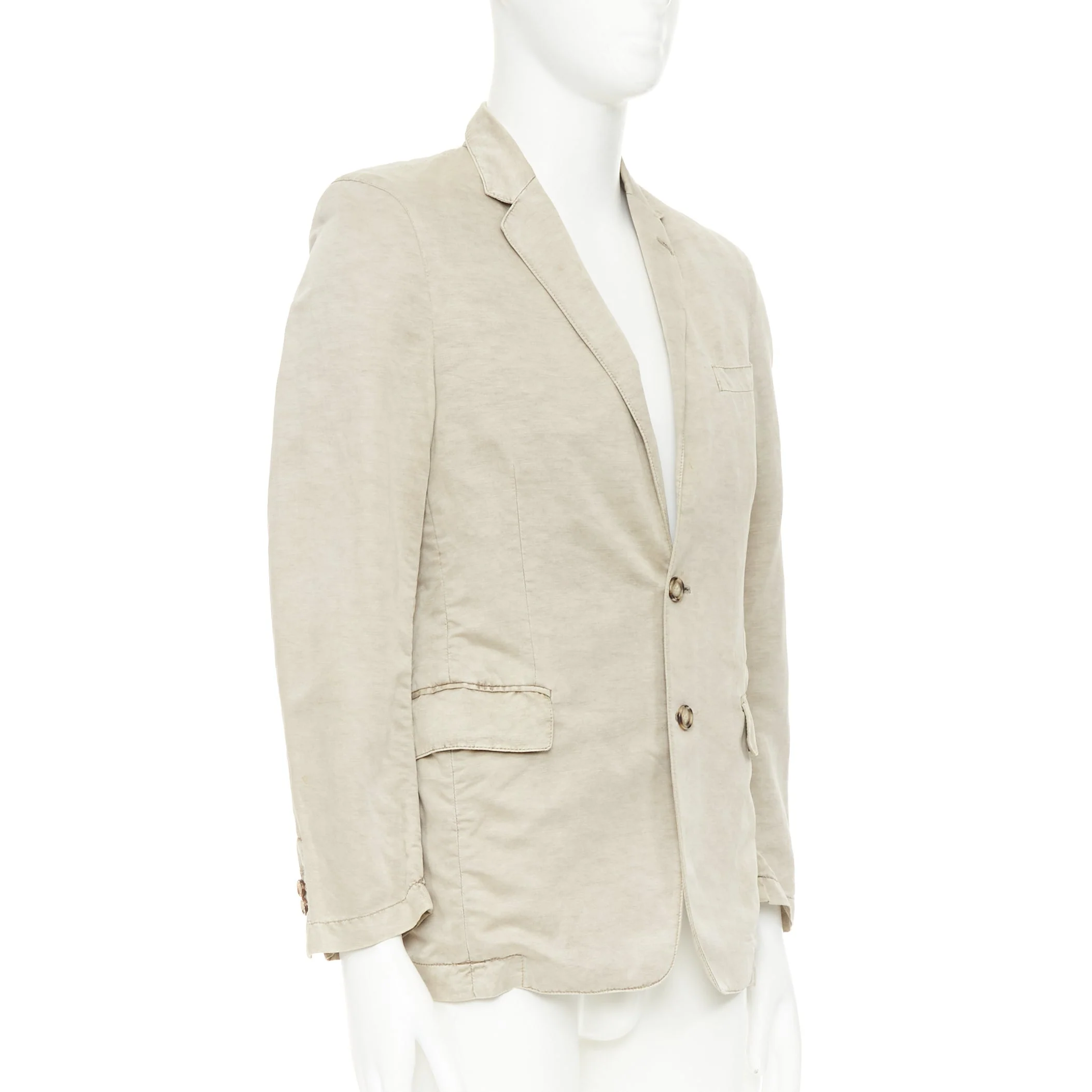 Men's PRADA beige coated linen cotton flap pockets two button relaxed blazer IT48 M - Image 4