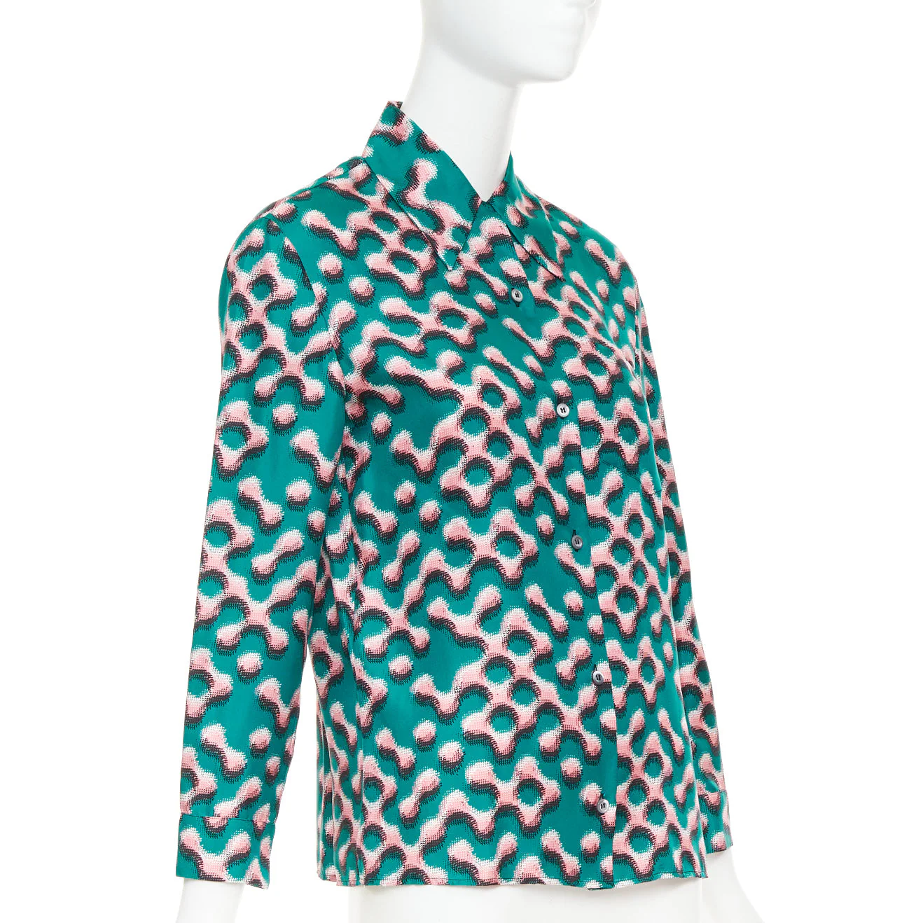 Women's PRADA 100% silk green pink geometric print long sleeve shirt IT38 XS - Image 3
