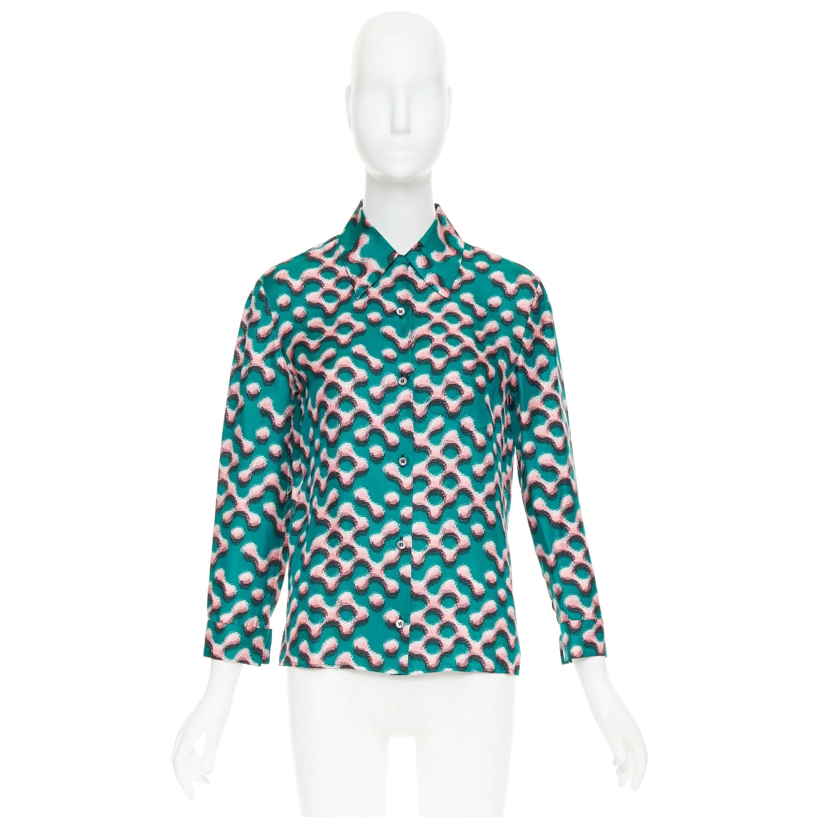 Women's PRADA 100% silk green pink geometric print long sleeve shirt IT38 XS - Image 9