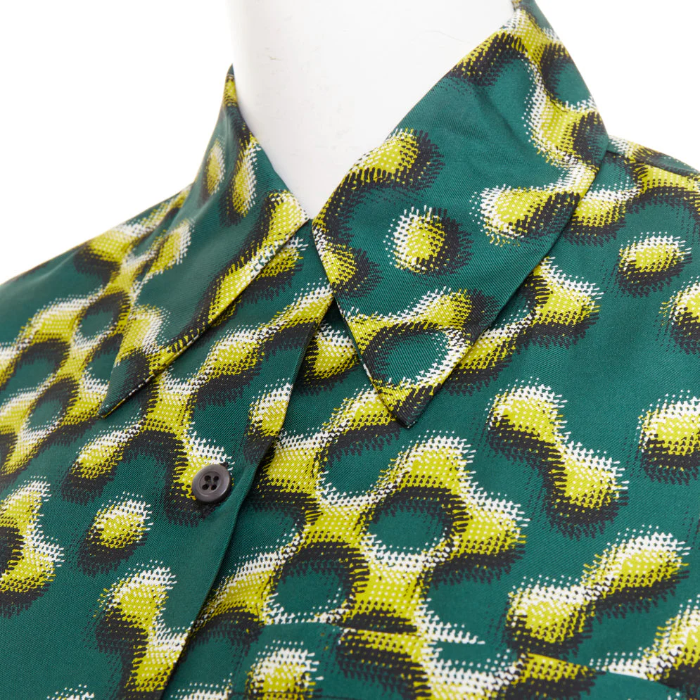 Women's PRADA 2015 100% silk green yellow molecular geometric print shirt IT38 XS - Image 2