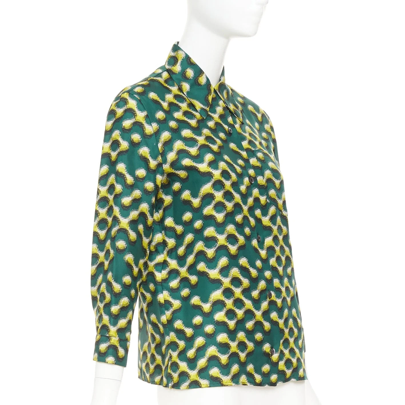 Women's PRADA 2015 100% silk green yellow molecular geometric print shirt IT38 XS - Image 3