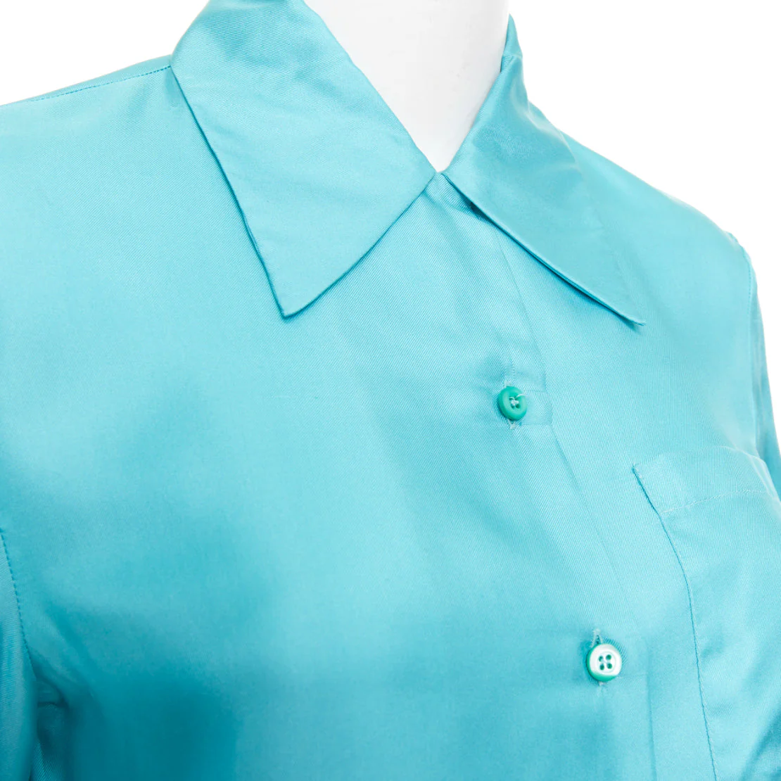 Women's PRADA 2015 100% silk turquoise blue wide collar pocketed button-up shirt IT38 XS - Image 2