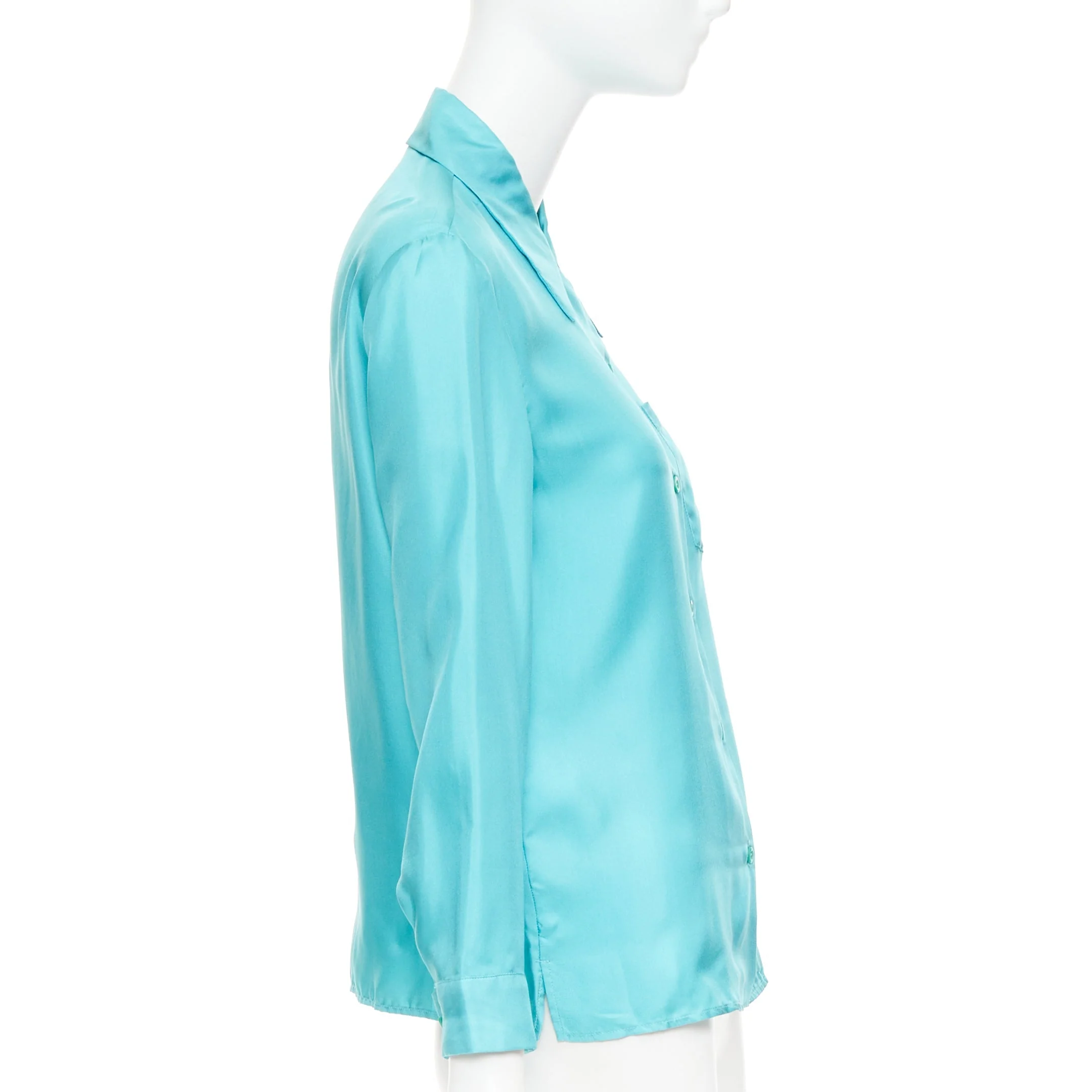 Women's PRADA 2015 100% silk turquoise blue wide collar pocketed button-up shirt IT38 XS - Image 4