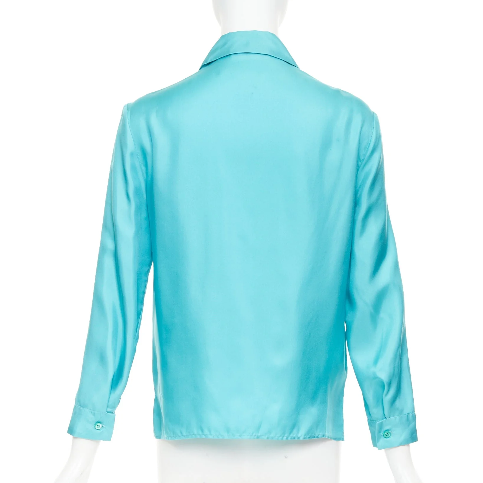 Women's PRADA 2015 100% silk turquoise blue wide collar pocketed button-up shirt IT38 XS - Image 5