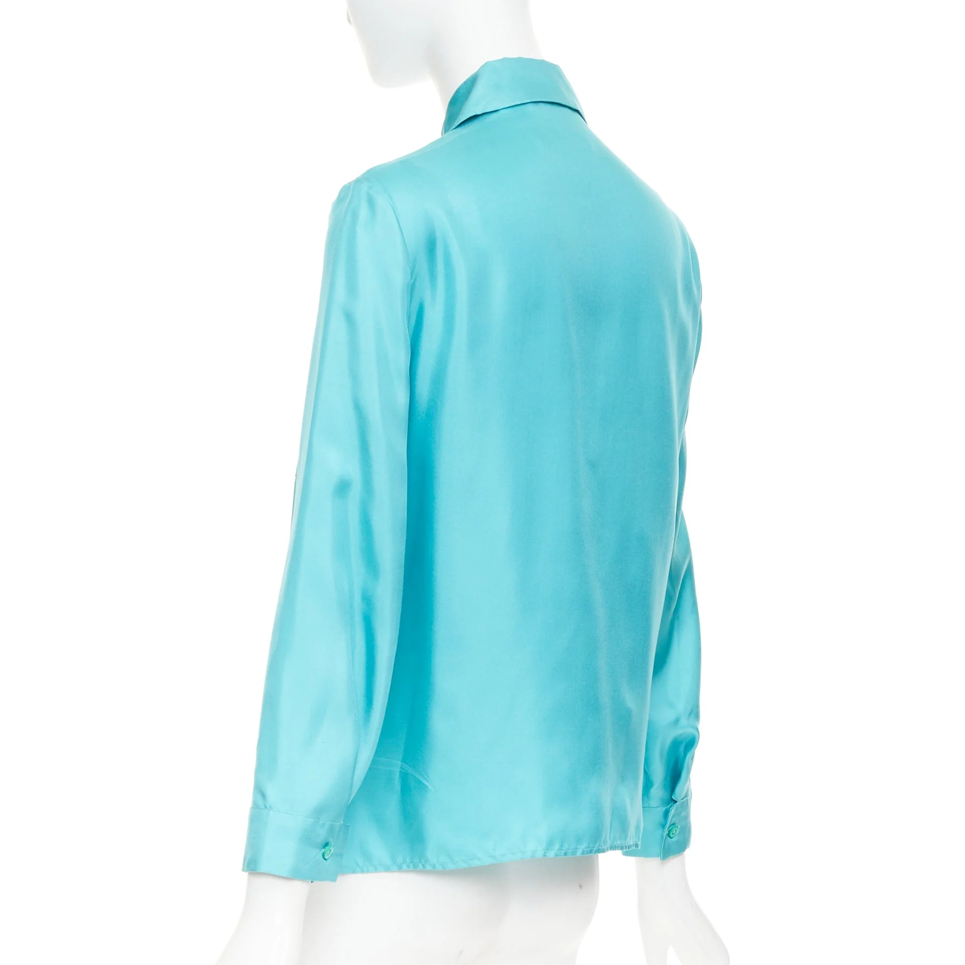 Women's PRADA 2015 100% silk turquoise blue wide collar pocketed button-up shirt IT38 XS - Image 6