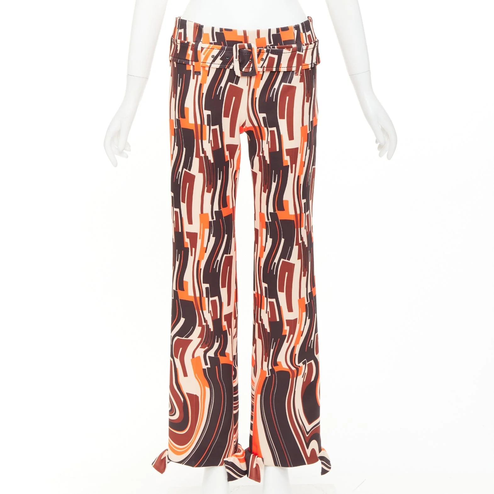 Women's PRADA 2019 Runway orange black geometric swirl belted ruffled hem pants IT38 XS - Image 10