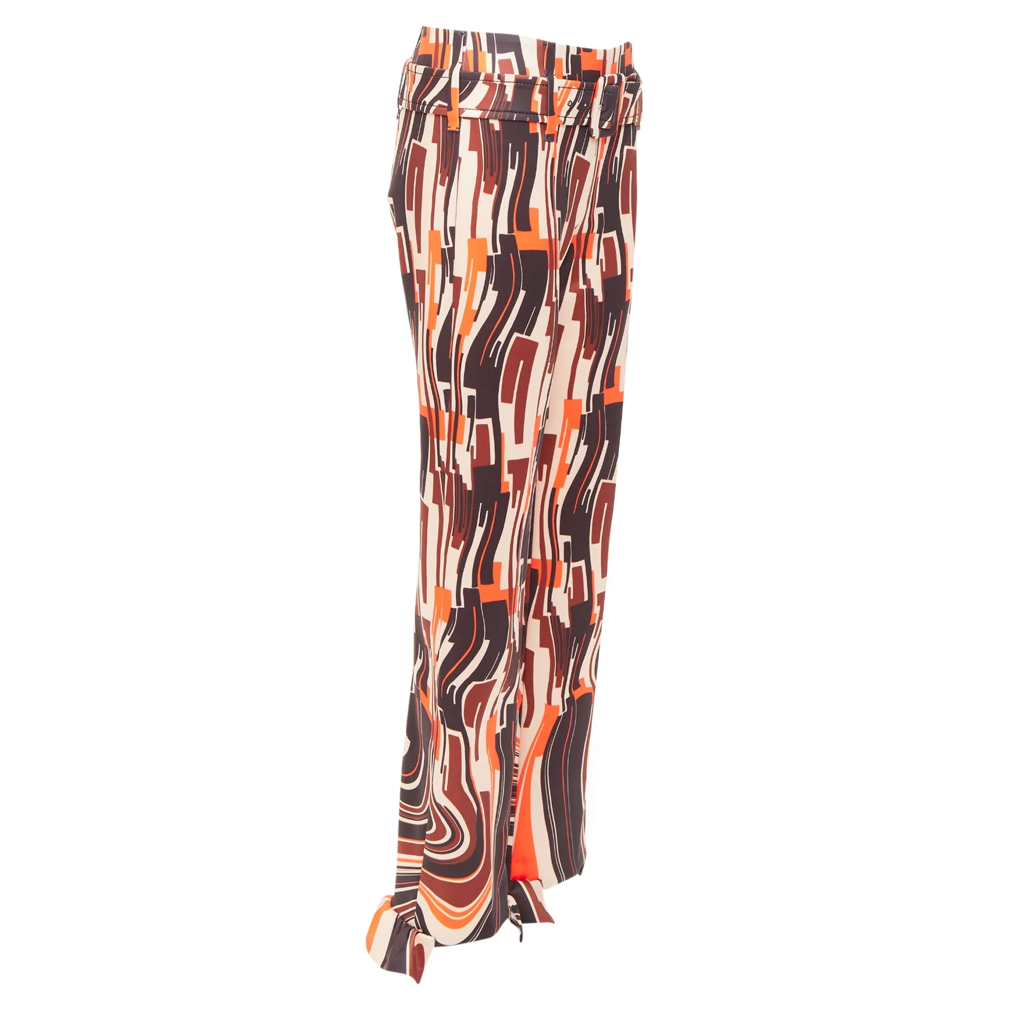Women's PRADA 2019 Runway orange black geometric swirl belted ruffled hem pants IT38 XS - Image 3