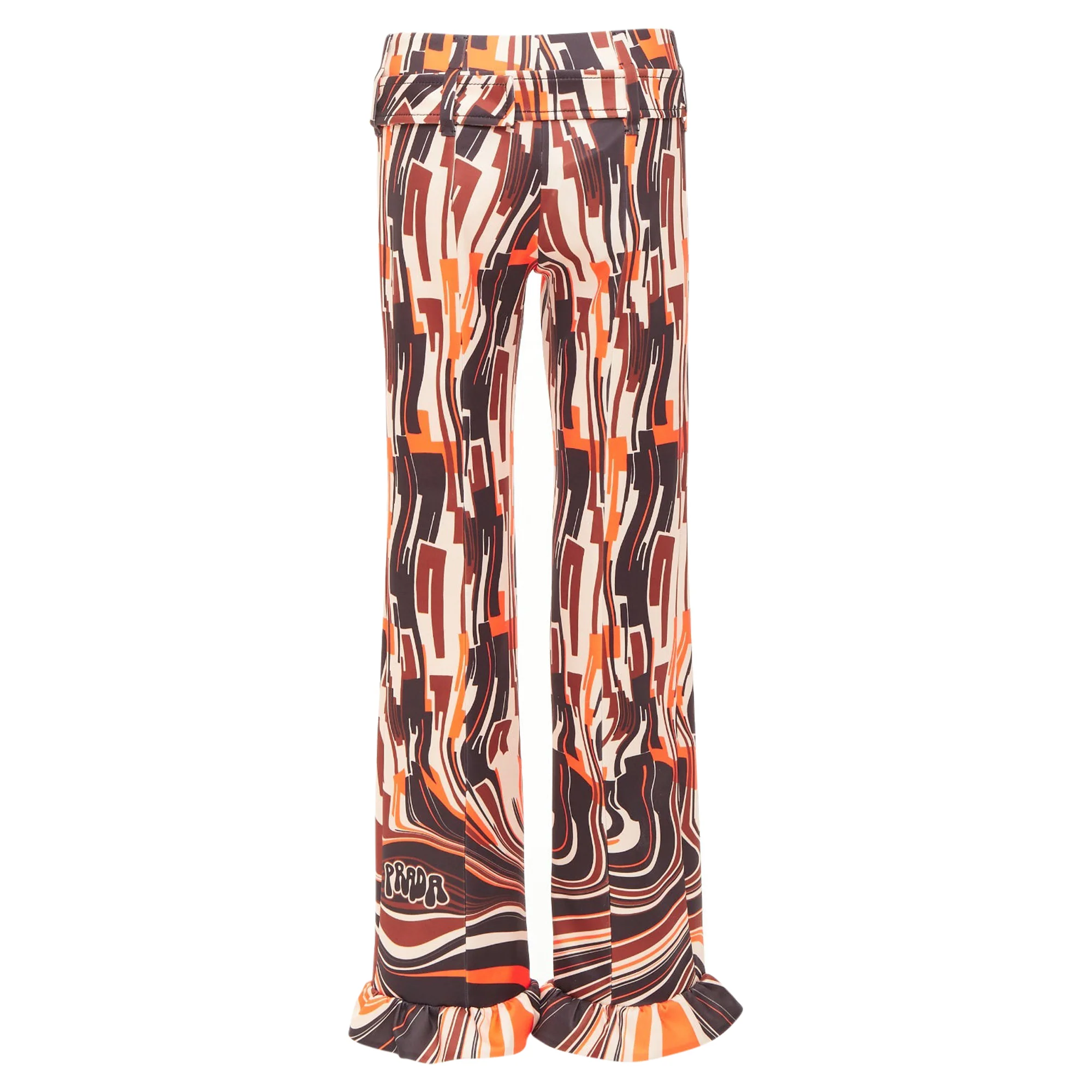 Women's PRADA 2019 Runway orange black geometric swirl belted ruffled hem pants IT38 XS - Image 5