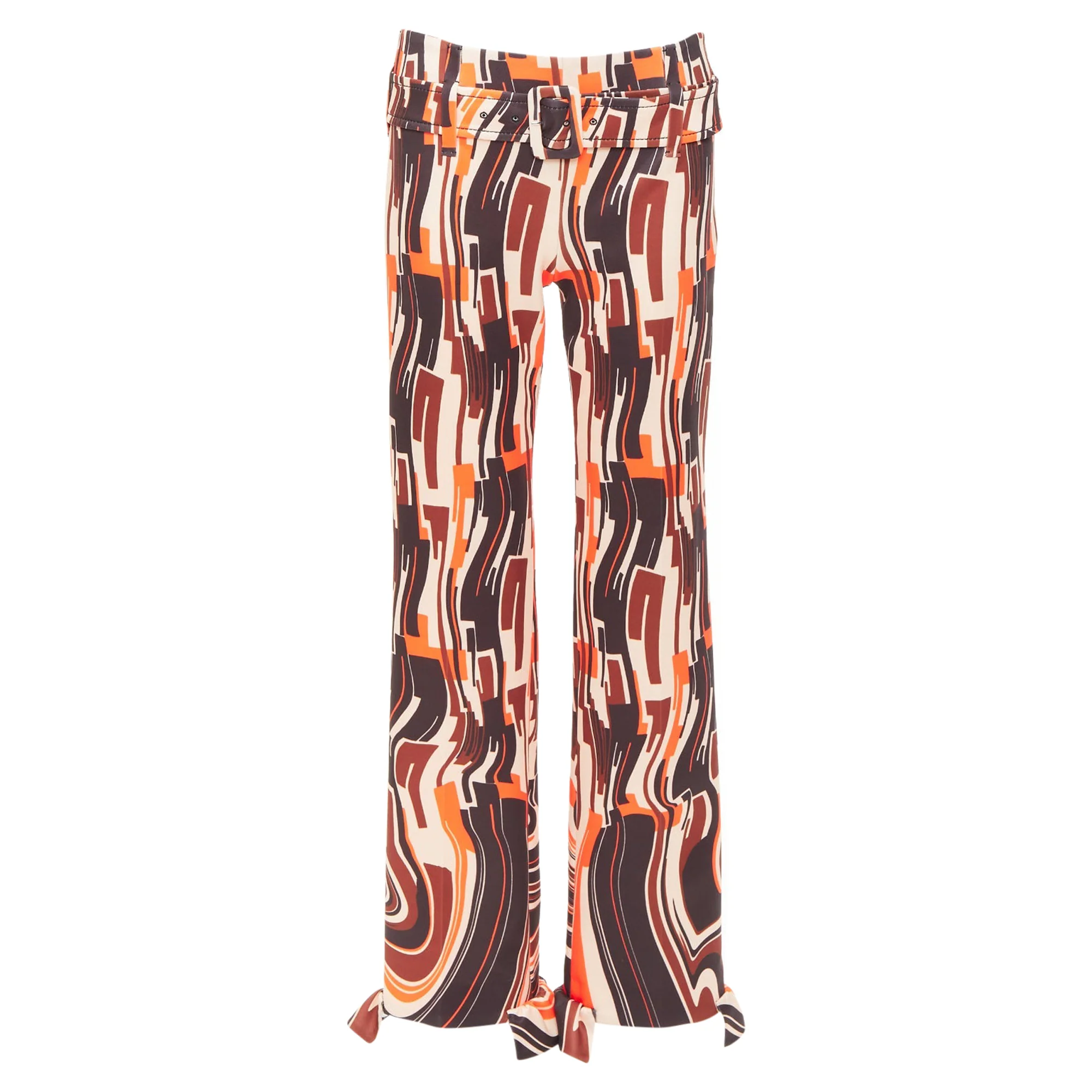 Women's PRADA 2019 Runway orange black geometric swirl belted ruffled hem pants IT38 XS - Image 9