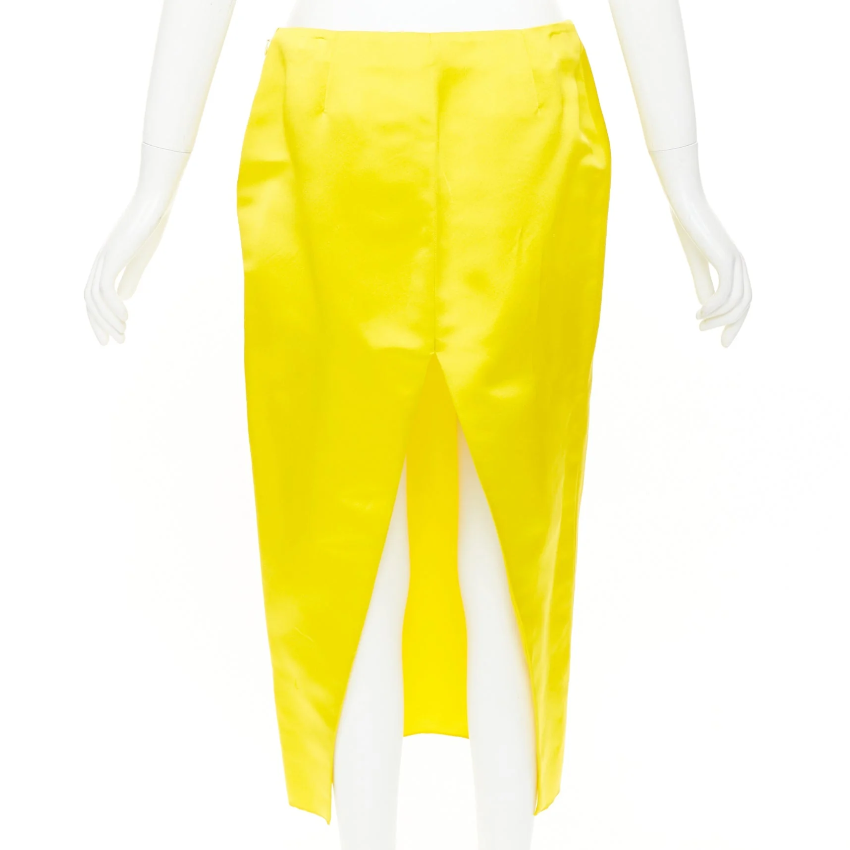 Women's PRADA 2022 Raf Simons Runway yellow satin split high waisted midi skirt IT42 M - Image 10