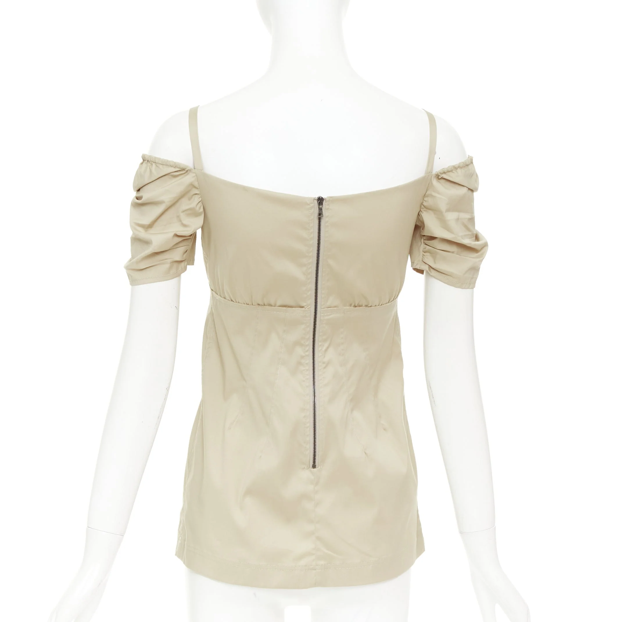 Women's PRADA Vintage khaki cotton ruched bust empire waist bow off shoulder top IT38 - Image 5