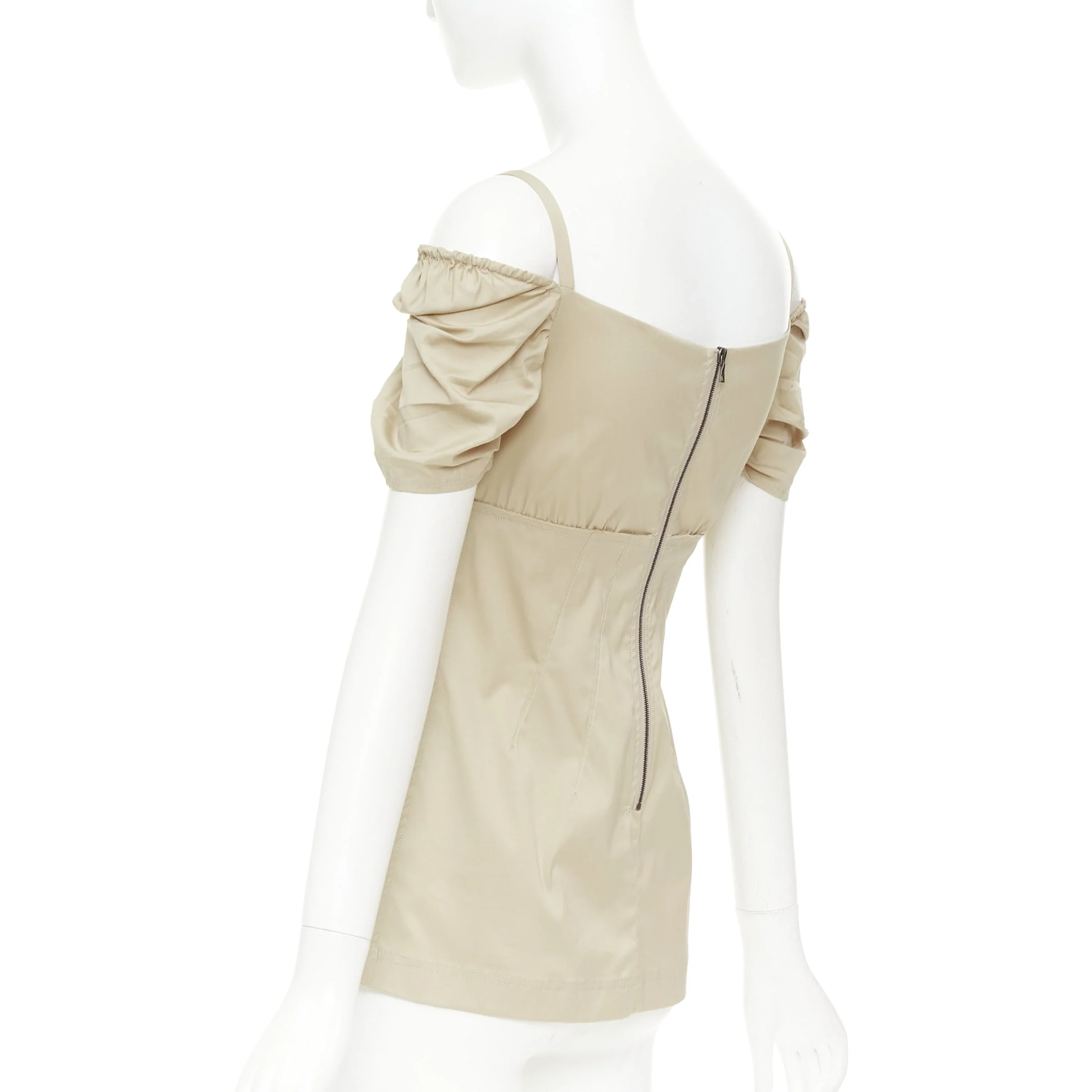 Women's PRADA Vintage khaki cotton ruched bust empire waist bow off shoulder top IT38 - Image 6