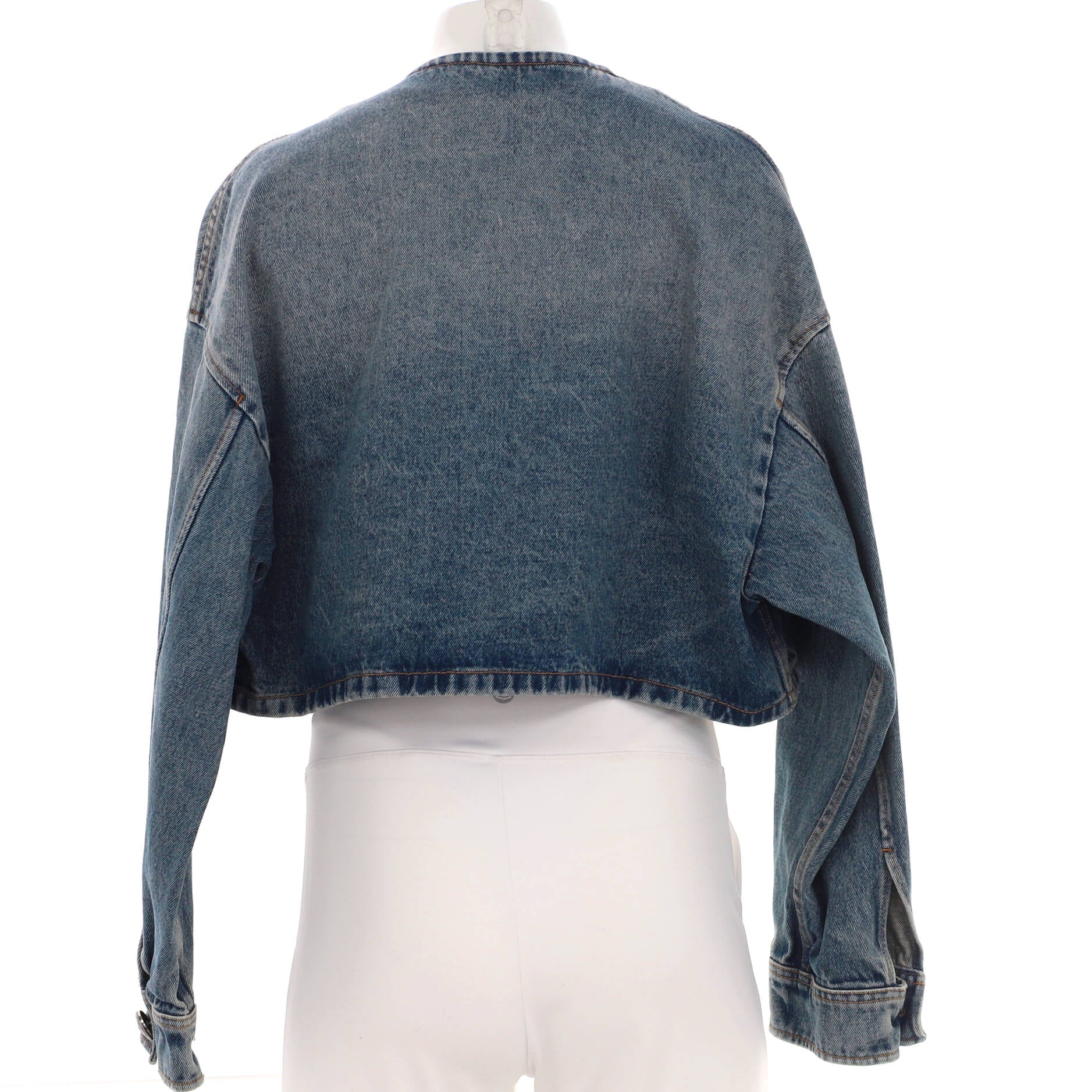 Women's Triangle Logo Collarless Cropped Button Up Jacket Denim - Image 2