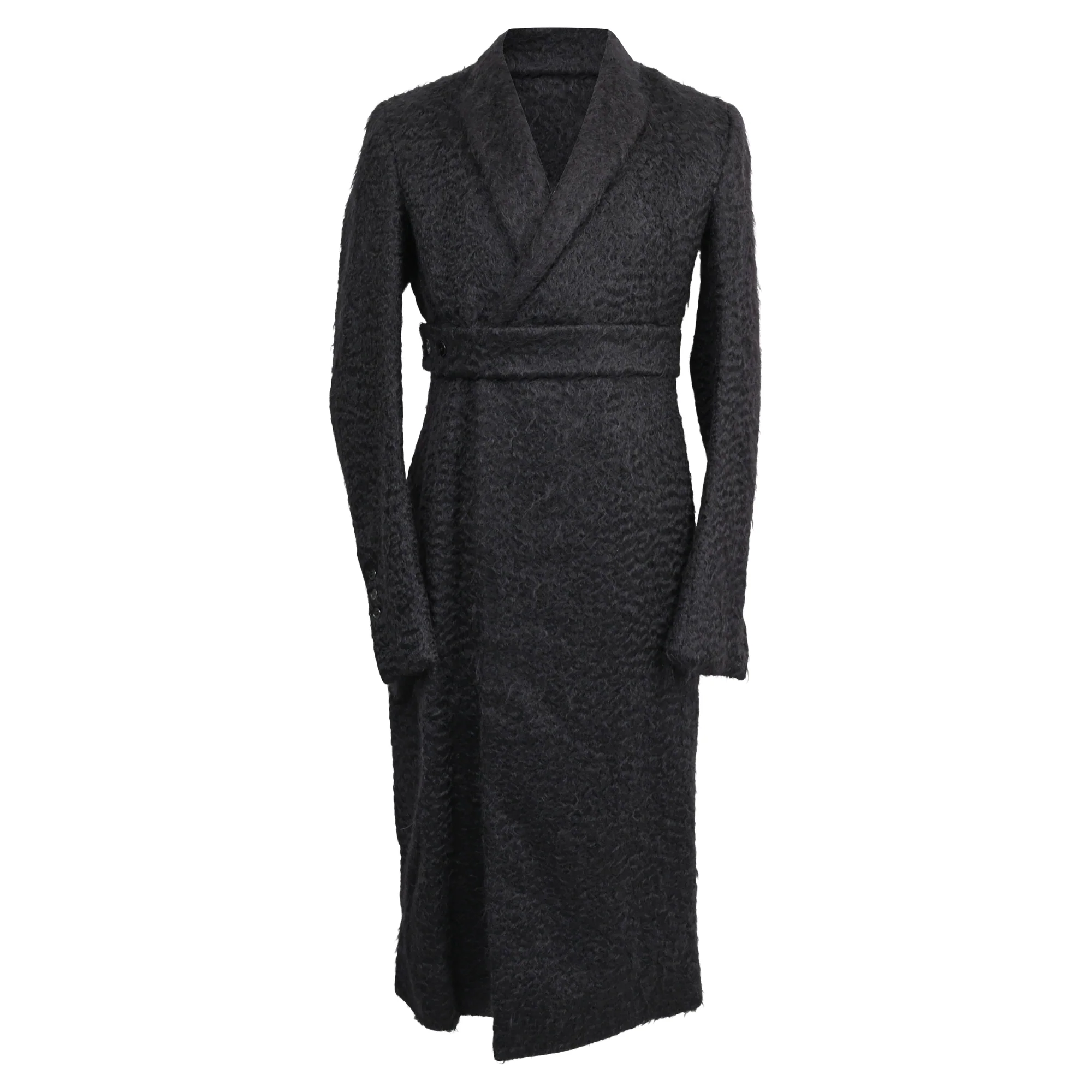 Men's Rick Owens Belted Sheared Wrap Coat in Black Wool