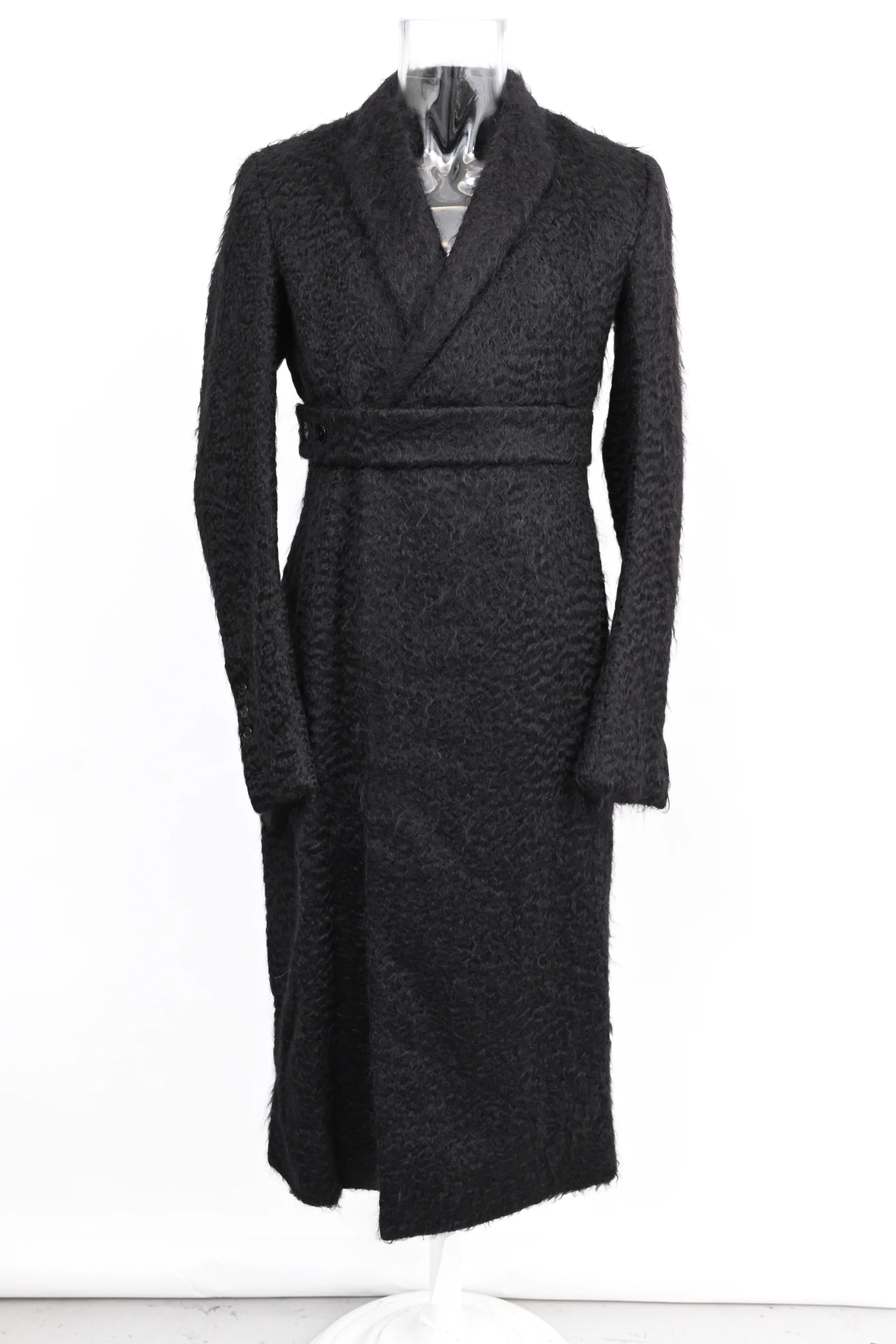 Men's Rick Owens Belted Sheared Wrap Coat in Black Wool - Image 7