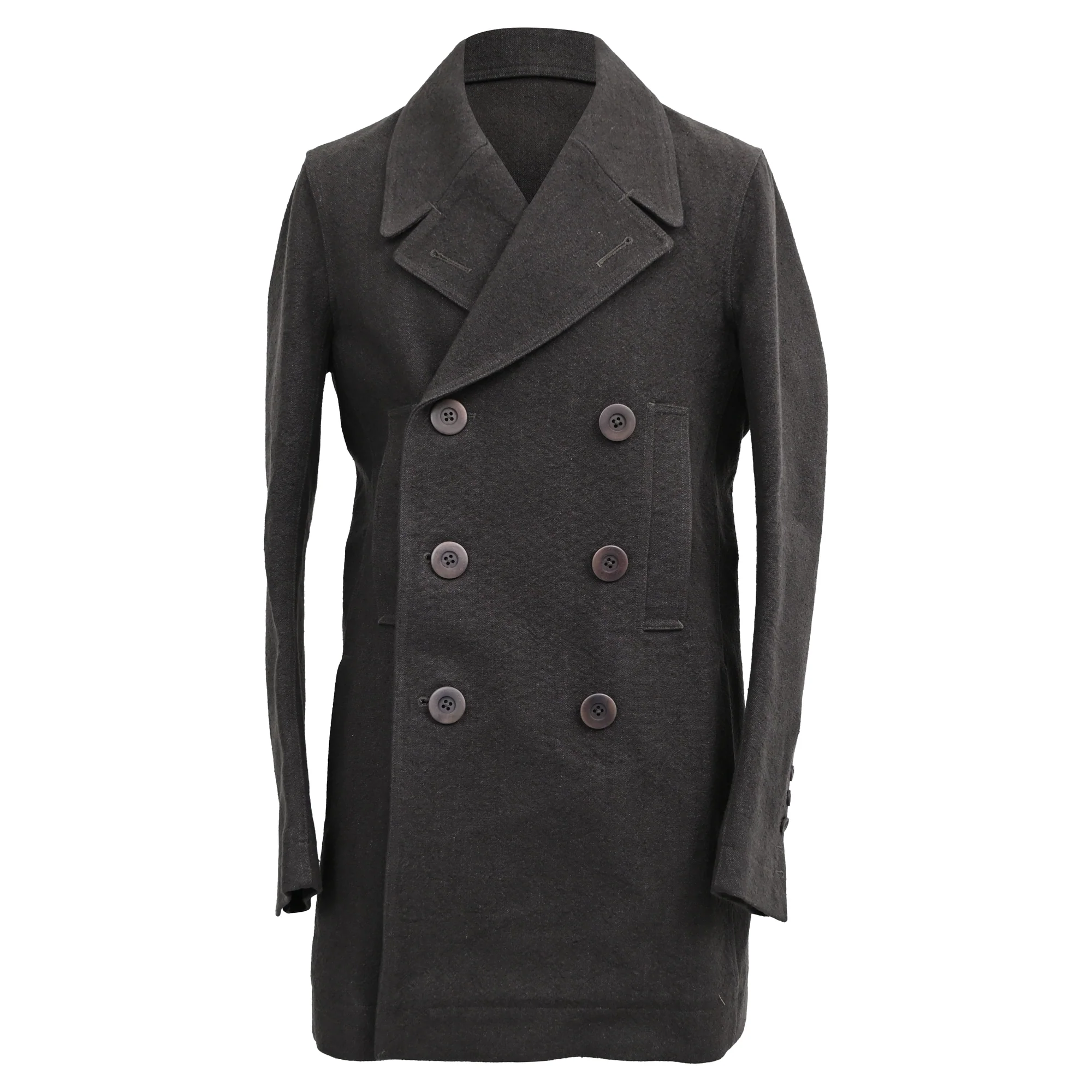 Men's Rick Owens Double-Breasted Peacoat in Dark Grey Wool