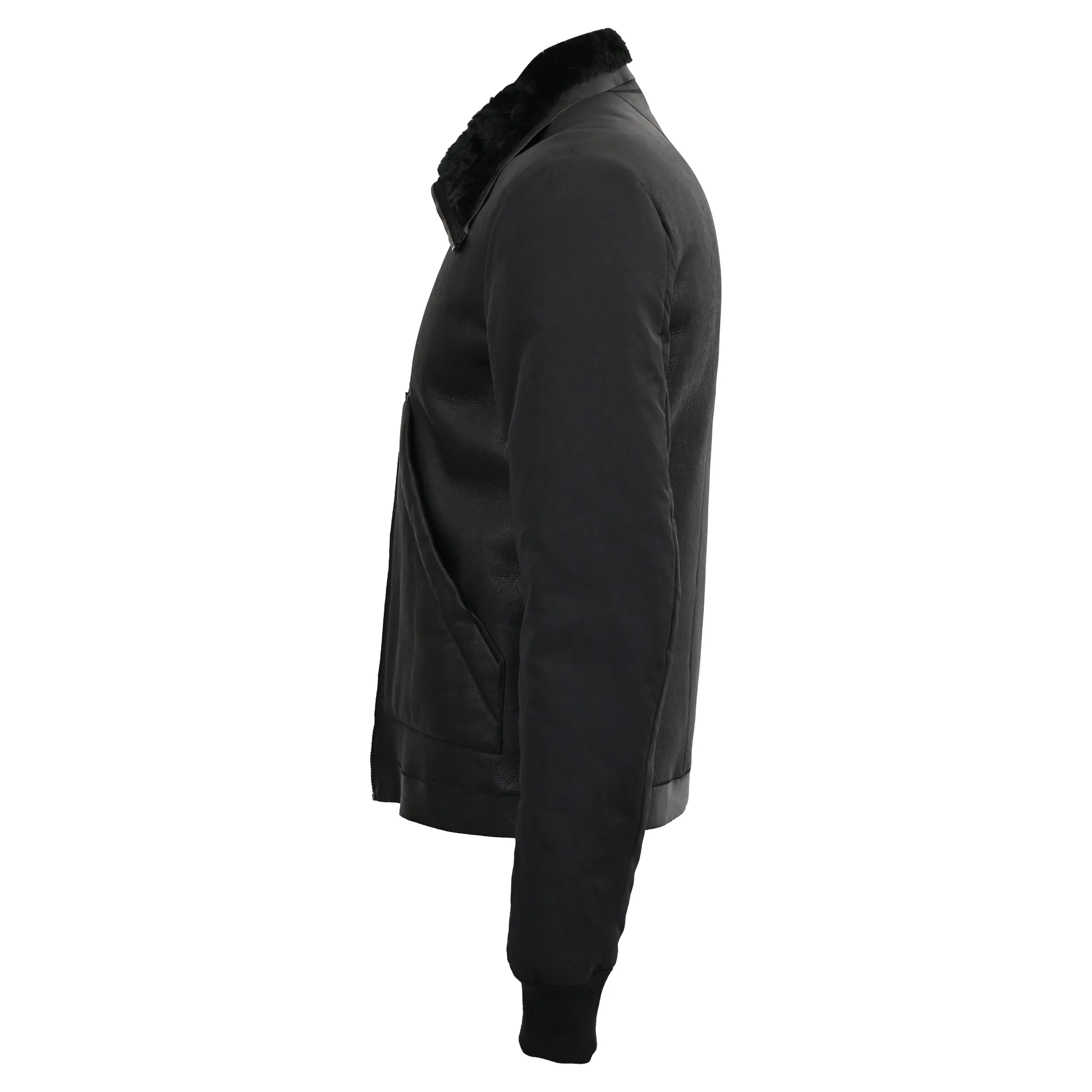 Men's Rick Owens Shear-Lined Zip-Up Jacket in Black Leather - Image 2