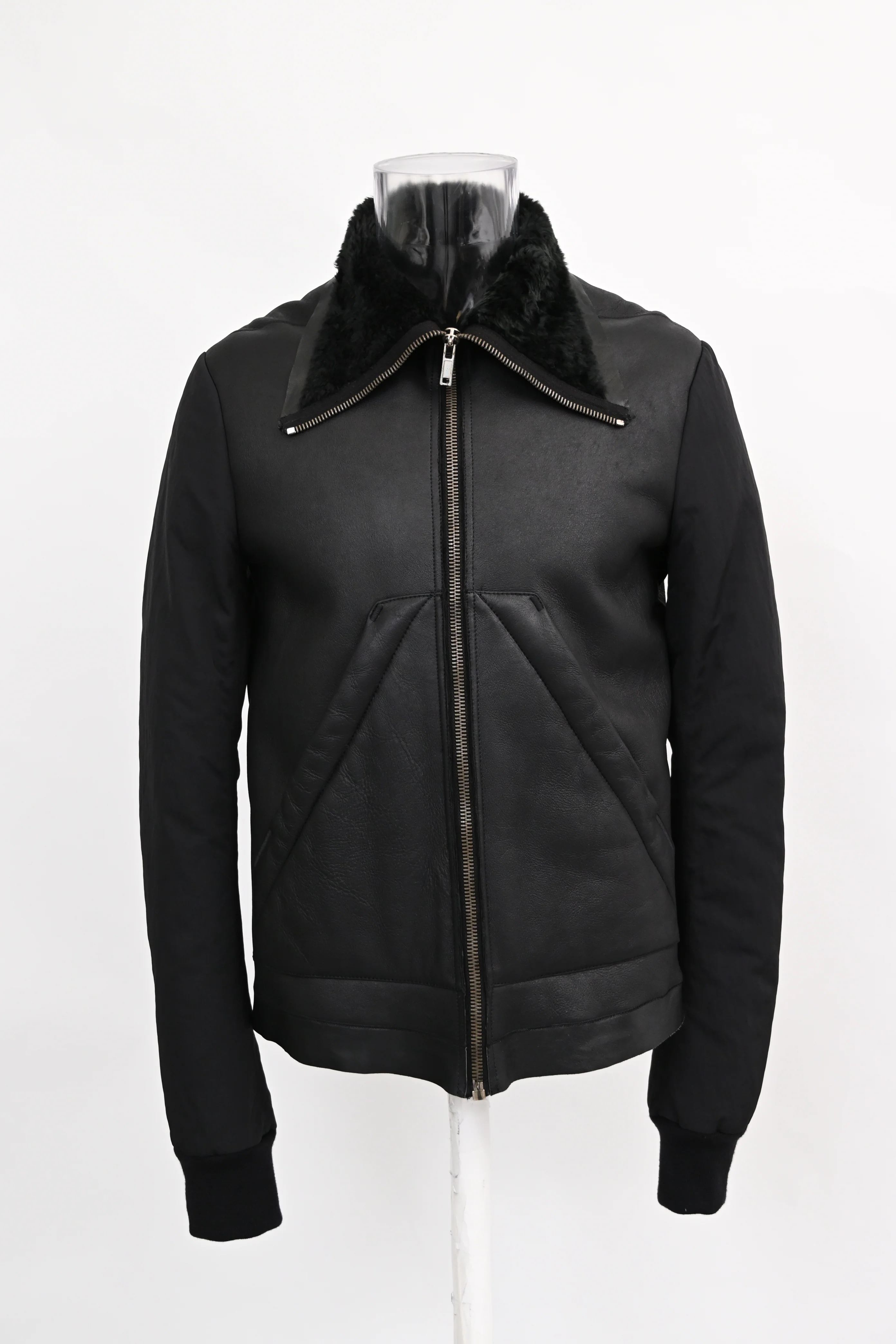 Men's Rick Owens Shear-Lined Zip-Up Jacket in Black Leather - Image 6