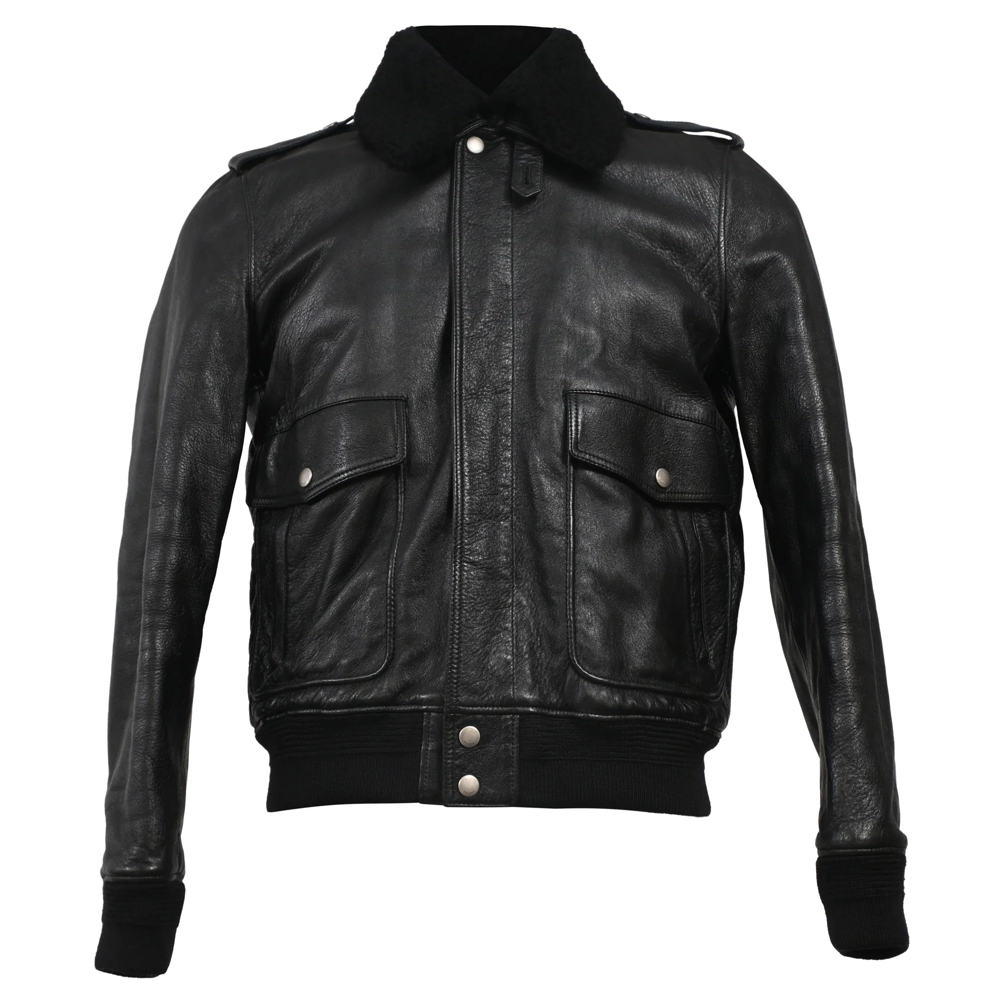 Men's Saint Laurent Shearling Collar Aviator Bomber Jacket in Black Leather