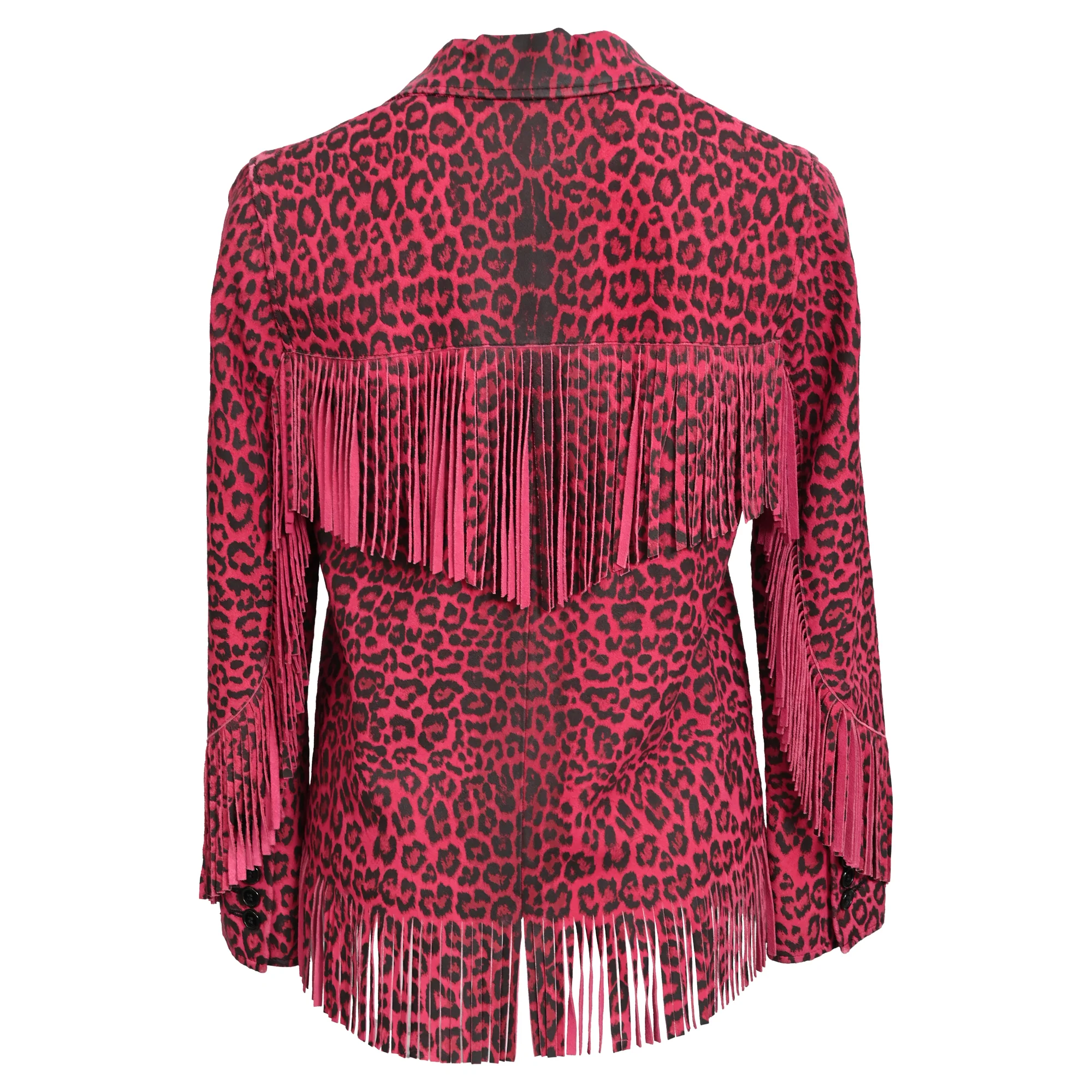 Women's Saint Laurent Leopard-Print Fringed Jacket in Pink Goat Leather - Image 3
